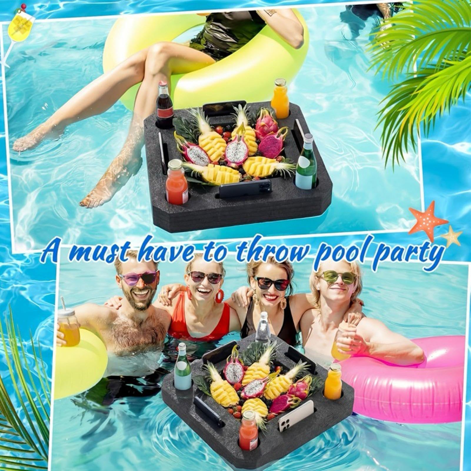 Pool Tablett Schwimmend 50x50cm – Tragbare Servierplatte mit Fächern | Getränkehalter für , See, Strands & Gartenparty, Leichte Ablage für Snacks & Getränke, Perfekt für Sommer, Camping