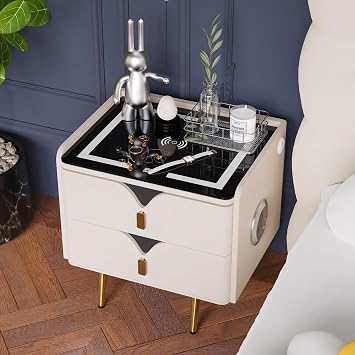 Beige Nightstand with Charging Station, LED Night Stand with 2 Drawers, Bedside Table with USB Ports and Type C Ports, Bluetooth Speaker Nightstand for Bedroom No Assembly Required