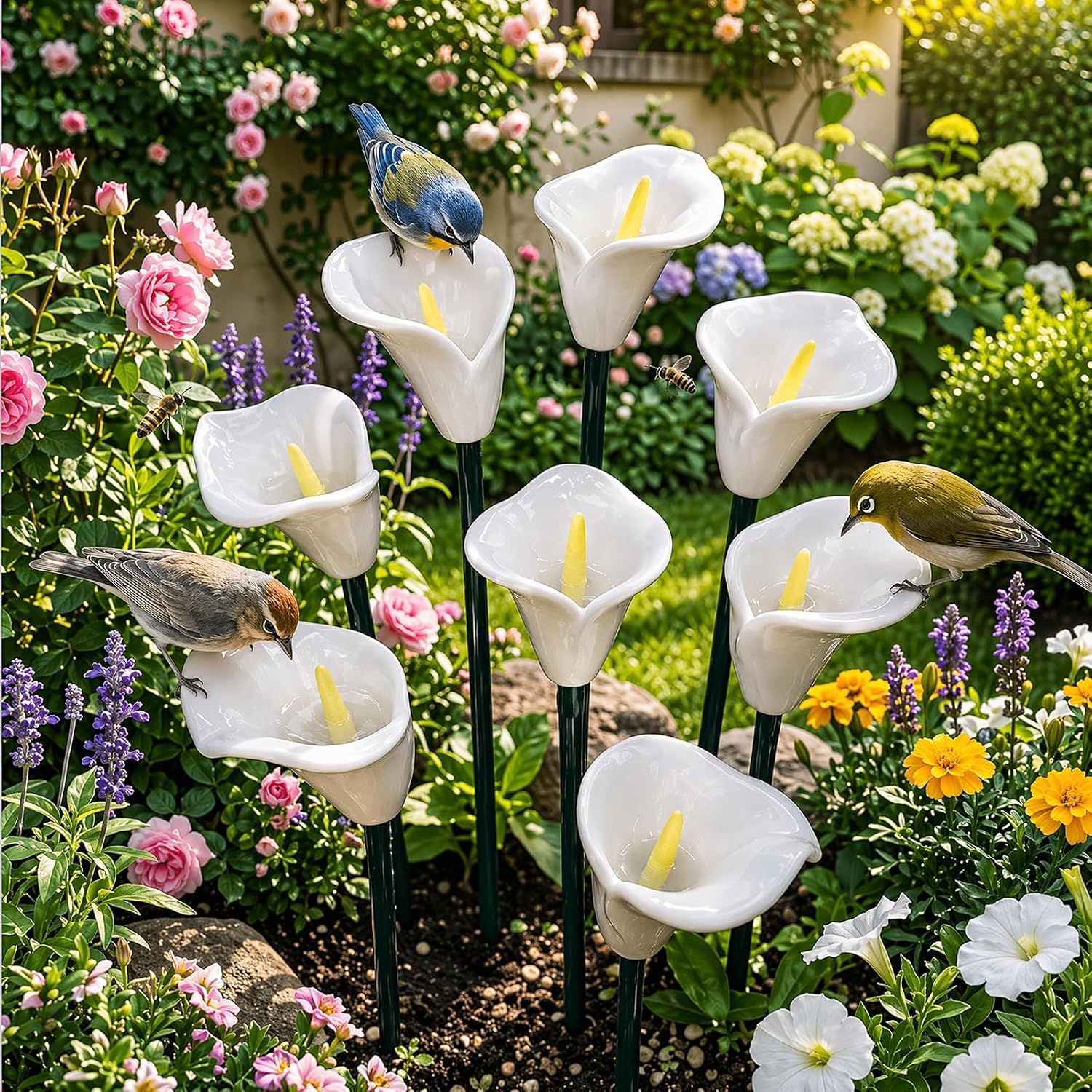 Bee Watering Station for Garden, Ceramic Flower Shaped Bee Drinking Cups, Handmade Bees Blossoms Garden Stake, Colorful Flower Bee Water Feeder Bowls for Patio Lawn Balcony Pots โ image 1