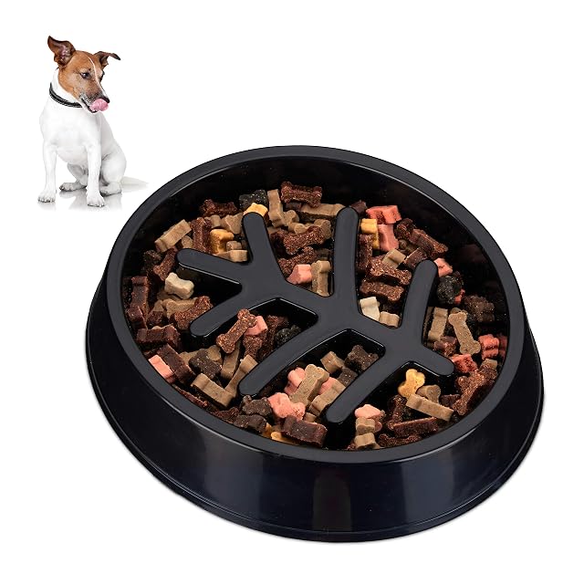 Relaxdays Comedero Antivoracidad Perro Rama, Plato Pienso Perro 500ml, Cuenco Canino Antiansiedad, Negro