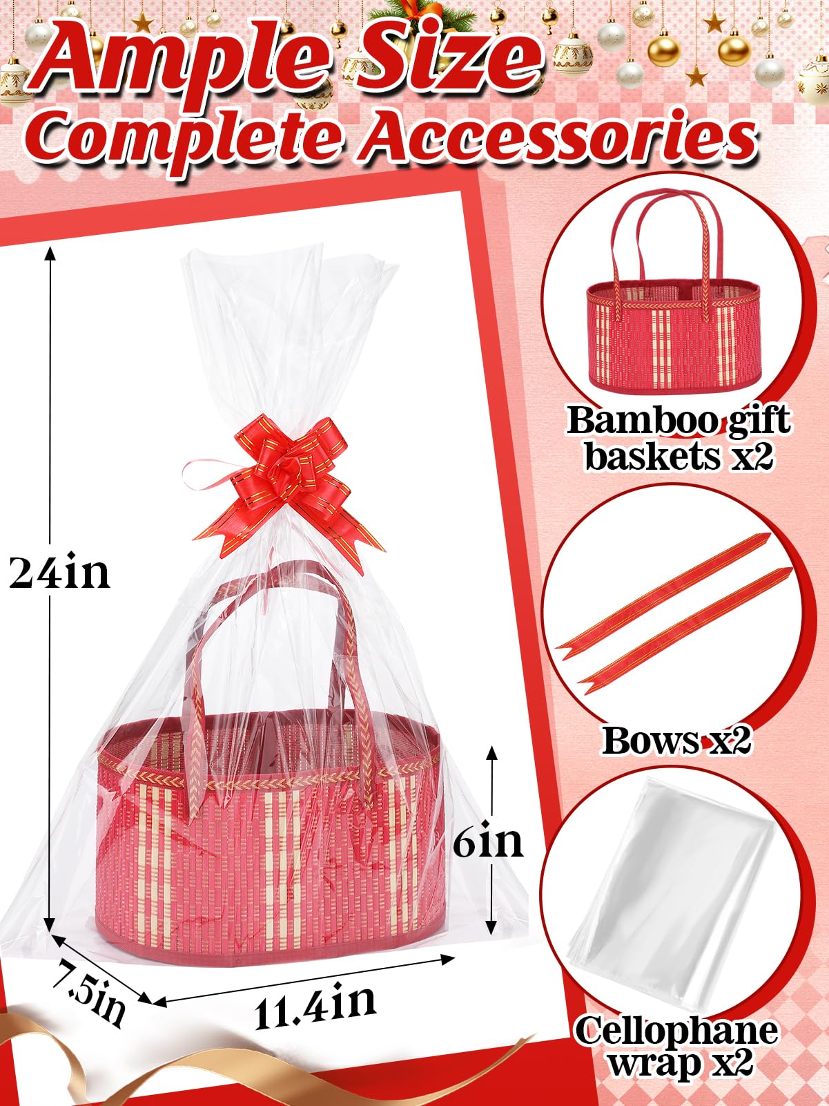 MADHOLLY Gewebte Bambuskörbe für Geschenke, leer – faltbares, stabiles Geschenkkorb-Set zum Verpacken mit Griff, Zellophanfolie, Zugschleifen, für Halloween, Erntedankfest, Einweihung, Geburtstag