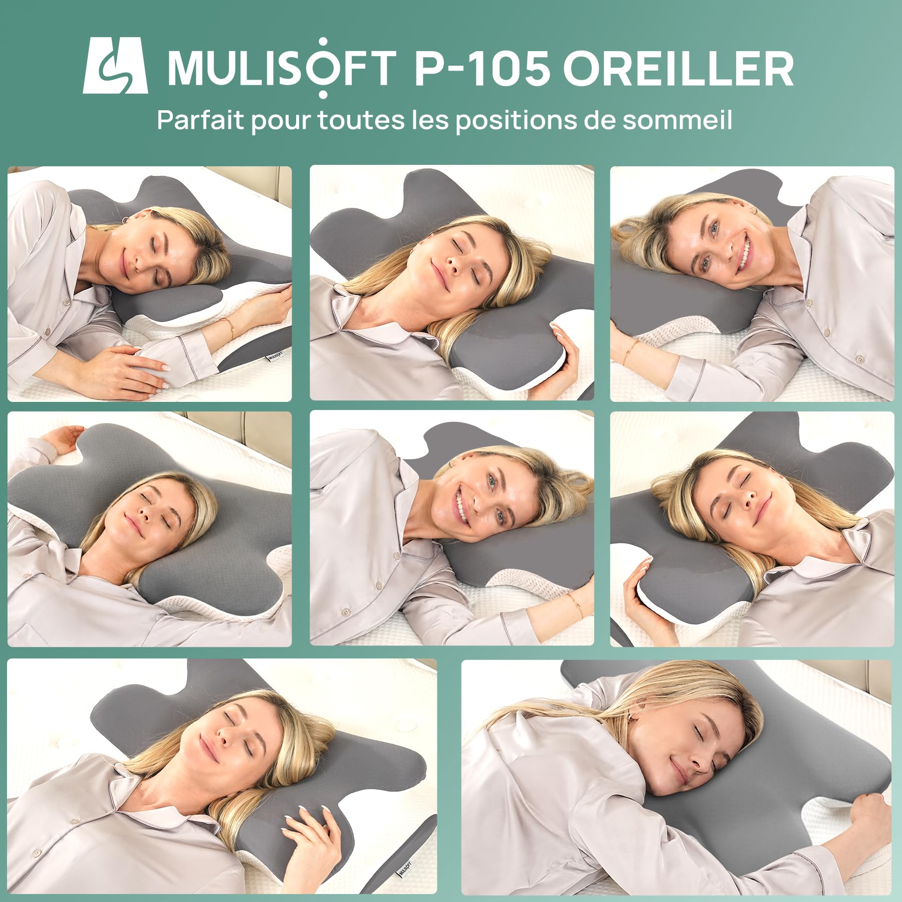 MULISOFT Oreillers Ergonomiques Cervical pour la Nuque, Oreiller Papillon à Mémoire de Forme, Coussin Cervical Adapté pour Dormir sur Le Côté, sur Le Dos et sur Le Ventre, 67×36×10/12 cm, P-105 Gris