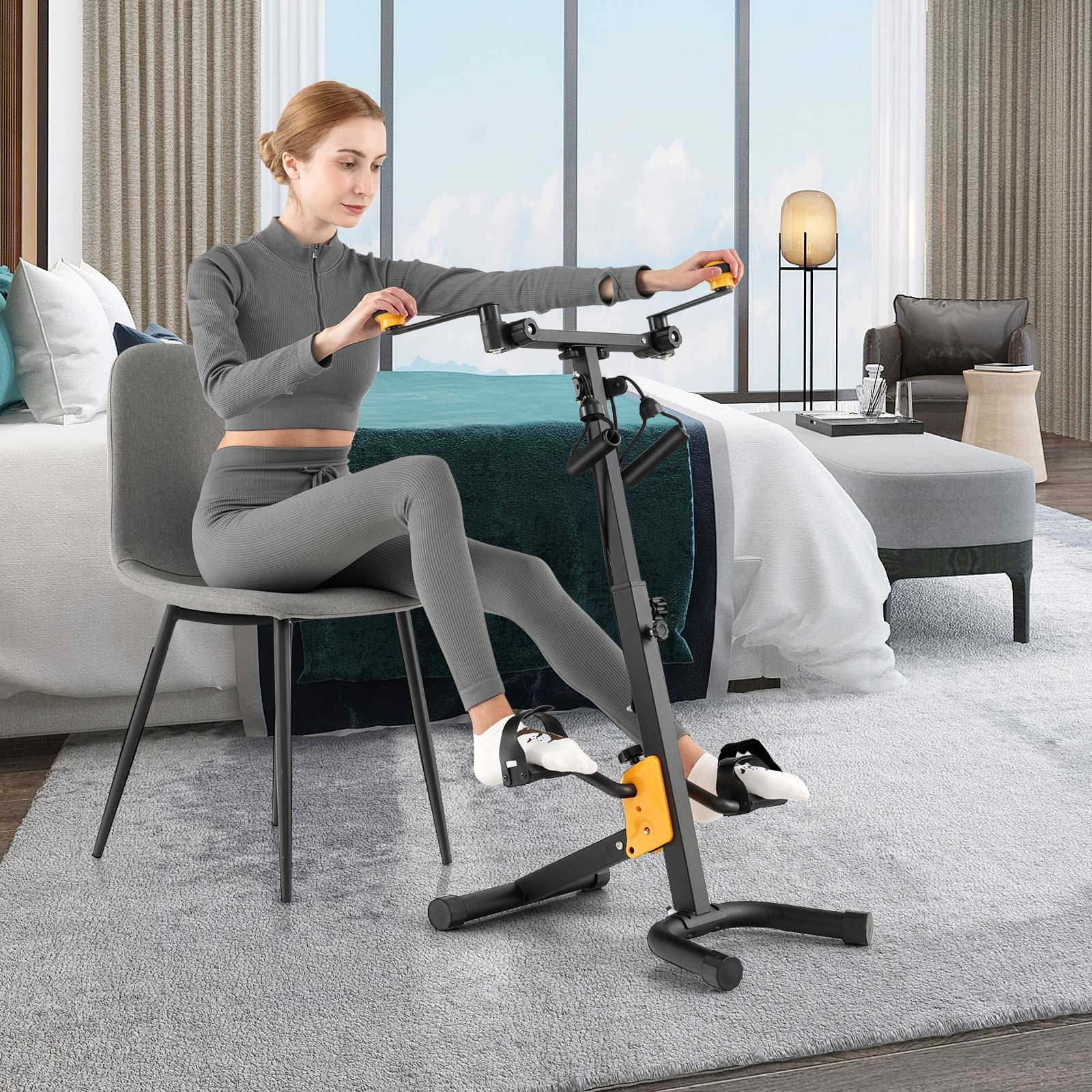 COSTWAY Pedalera Ejercitadora, Bicicleta de Ejercicio Plegable para Manos, Brazos, Piernas y Rodillas de Ancianos, con Empuñaduras, Resistencia y Altura Ajustable, Equipo de Rehabilitación en Casa