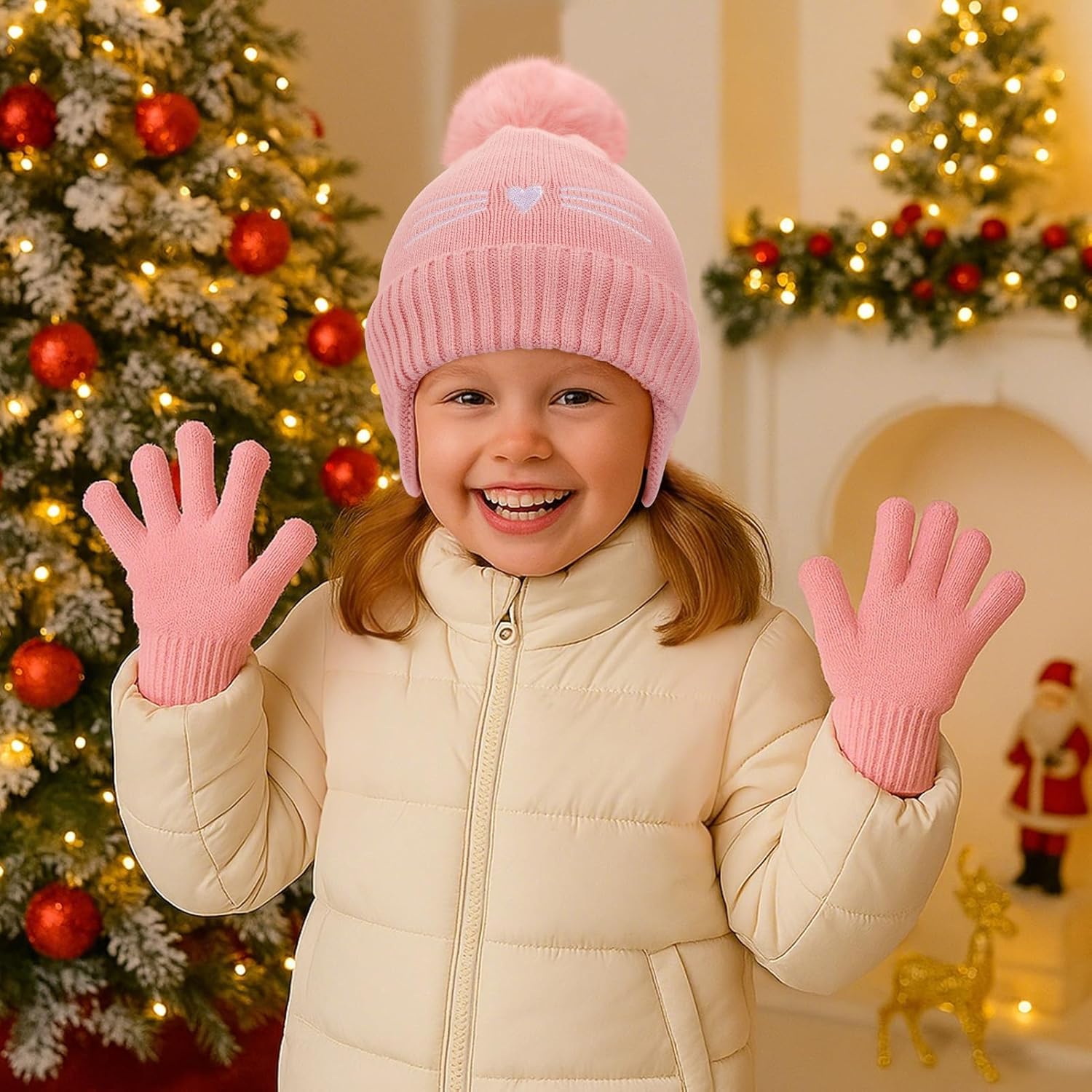 Girls Winter Hat and Gloves Set, Kids Cat Embroidered Knit Beanie with Earflaps Fleece Lined Pom Pom Ski Cap for 2-10Y - Image 9