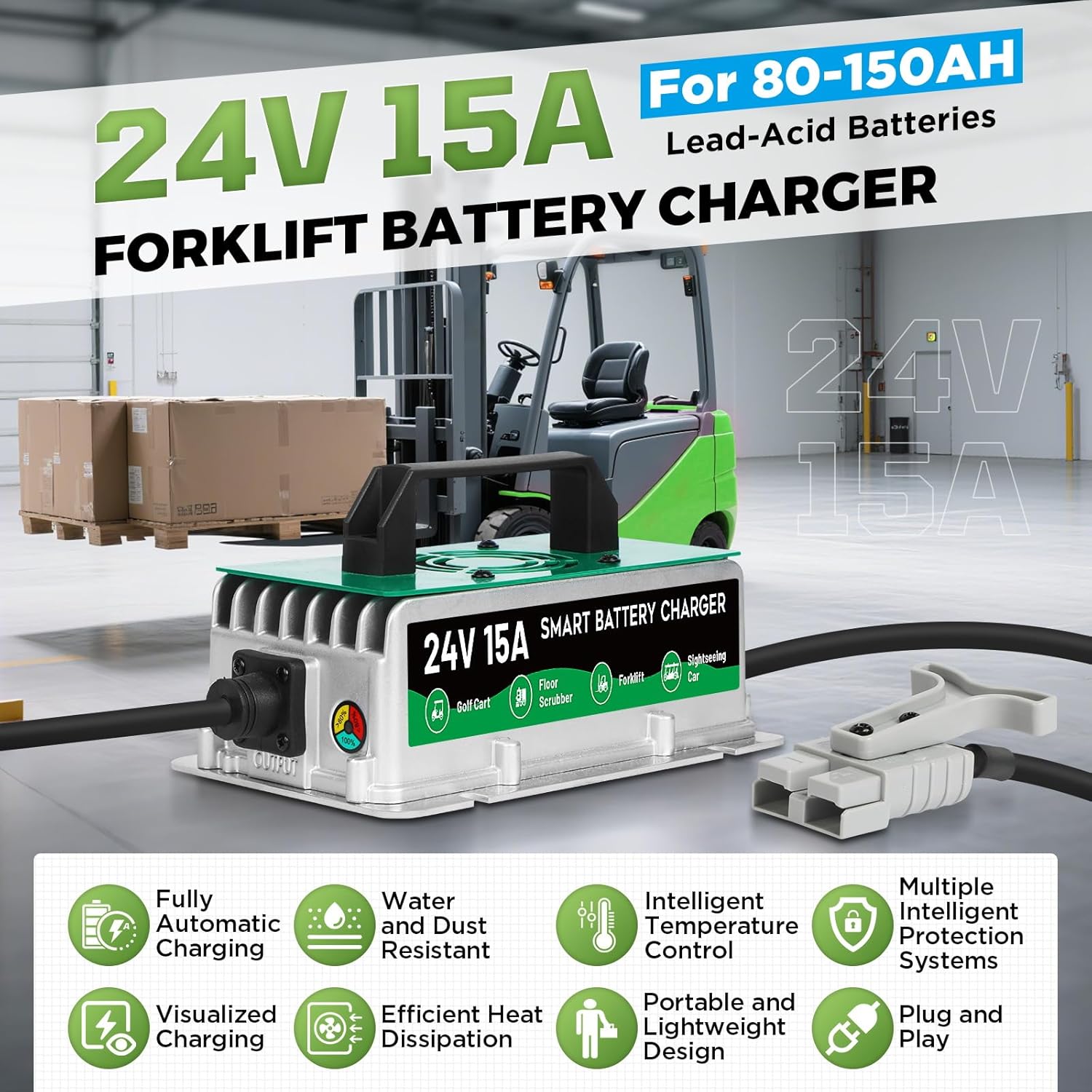 Forklift Battery Charger 24V 15A,IP67 Waterproof 24 Volt Charger, Jack/Floor Scrubber Fully Automatic Smart Charging with 8 Charging Protections, 9.8ft Cable,for Lead-Acid Batteries