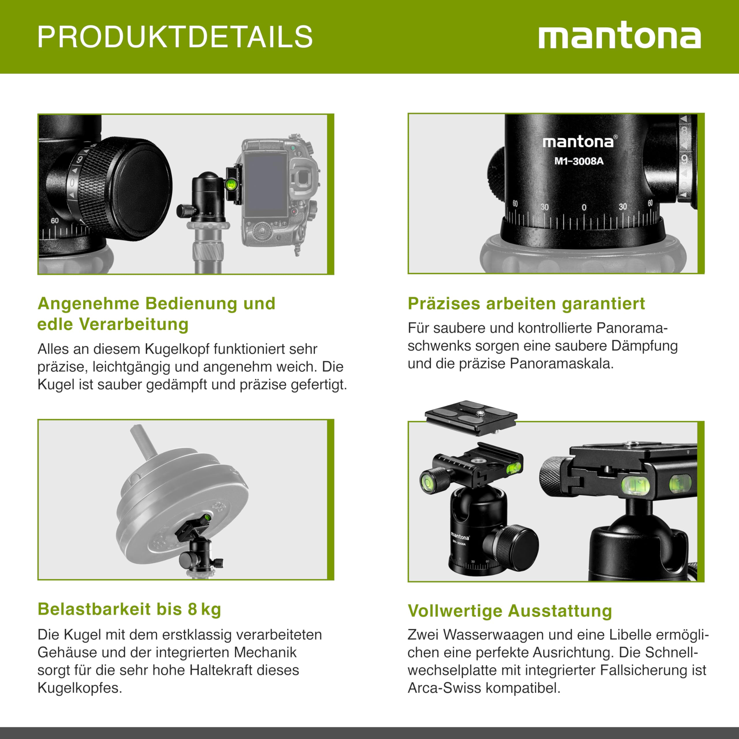 Mantona Onyx 8 Kugelkopf (M1-3008A), Stativkopf aus Aluminium mit Arca-Swiss kompatibler Schnellwechselplatte 50 mm, 360° Panorama-Funktion & 3 Wasserwaagen
