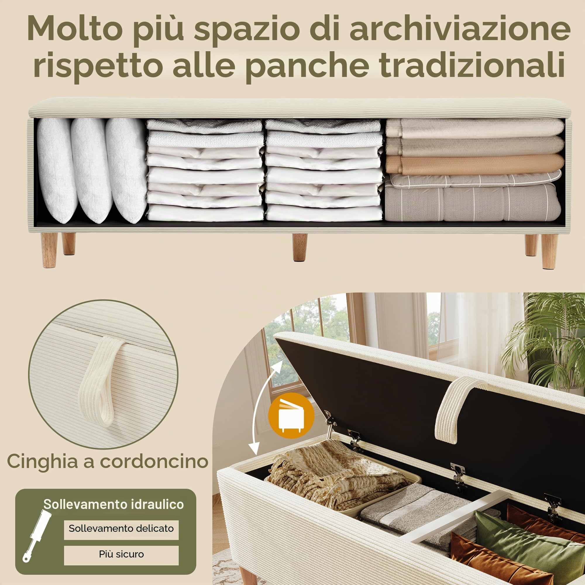 Kebnor Panca da letto con vano portaoggetti idraulico, adatta per camera da letto, soggiorno e corridoio, effetto velluto a coste beige (165 x 38 cm)