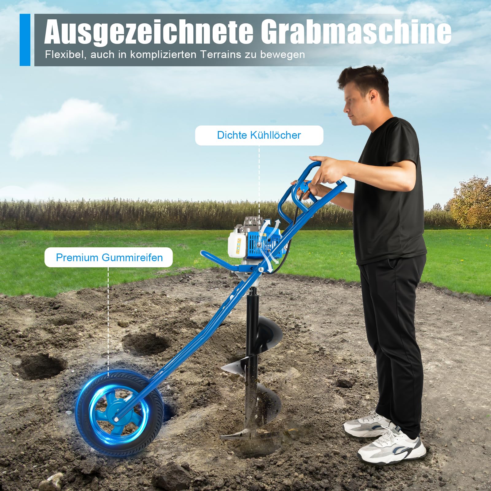63CC 2,2 kW - Broca de tierra a gas de 2 tiempos con puntas y ruedas de 300 mm – Taladro de tierra deslizante manual para construcción, huerto y jardín profesional