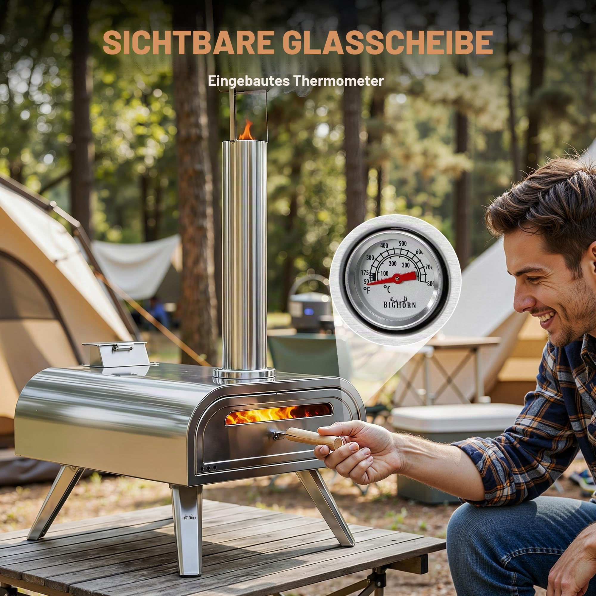 BIG HORN OUTDOORS 40,6 cm Holz-Pellet-Pizzaofen, tragbarer Edelstahl Pizzaofen mit Pizzastein