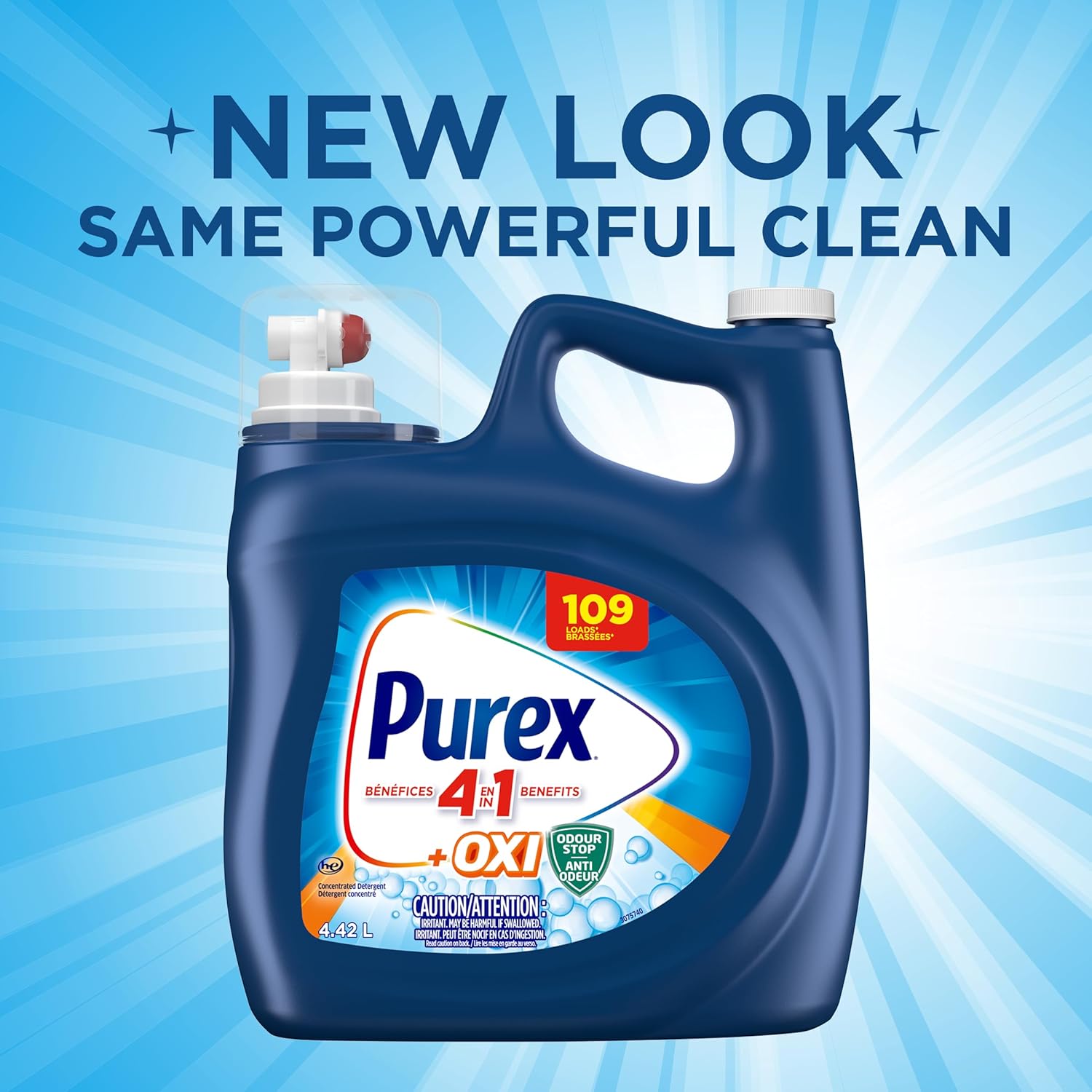 Purex Plus Oxi, Concentrated Liquid Laundry Detergent with 4in1 benefits, Tough on Stains, Brightens and Whitens Clothes, 4.42L, 109 Wash Loads, HE Compatible - Image 3