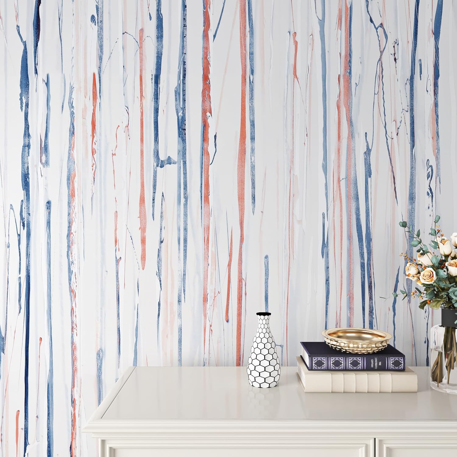ReWallpaper 24inX16.5ft Blue and White Stripe Wallpaper Peel and Stick Abstract Fluid Line with Marble Texture Removable Waterproof Brushstroke Wallpaper for Office Kids Room Laundry Easy Room Refresh
