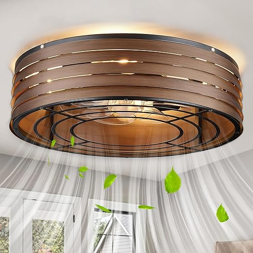 20'' Flush-Mount Ceiling Fan with Light and Remote, Reversible Motor, Perfect for Bedroom, Living room, Kitchen, Outdoor Gazebo, Patio, Low-Profile Design Cage (Black Walnut)