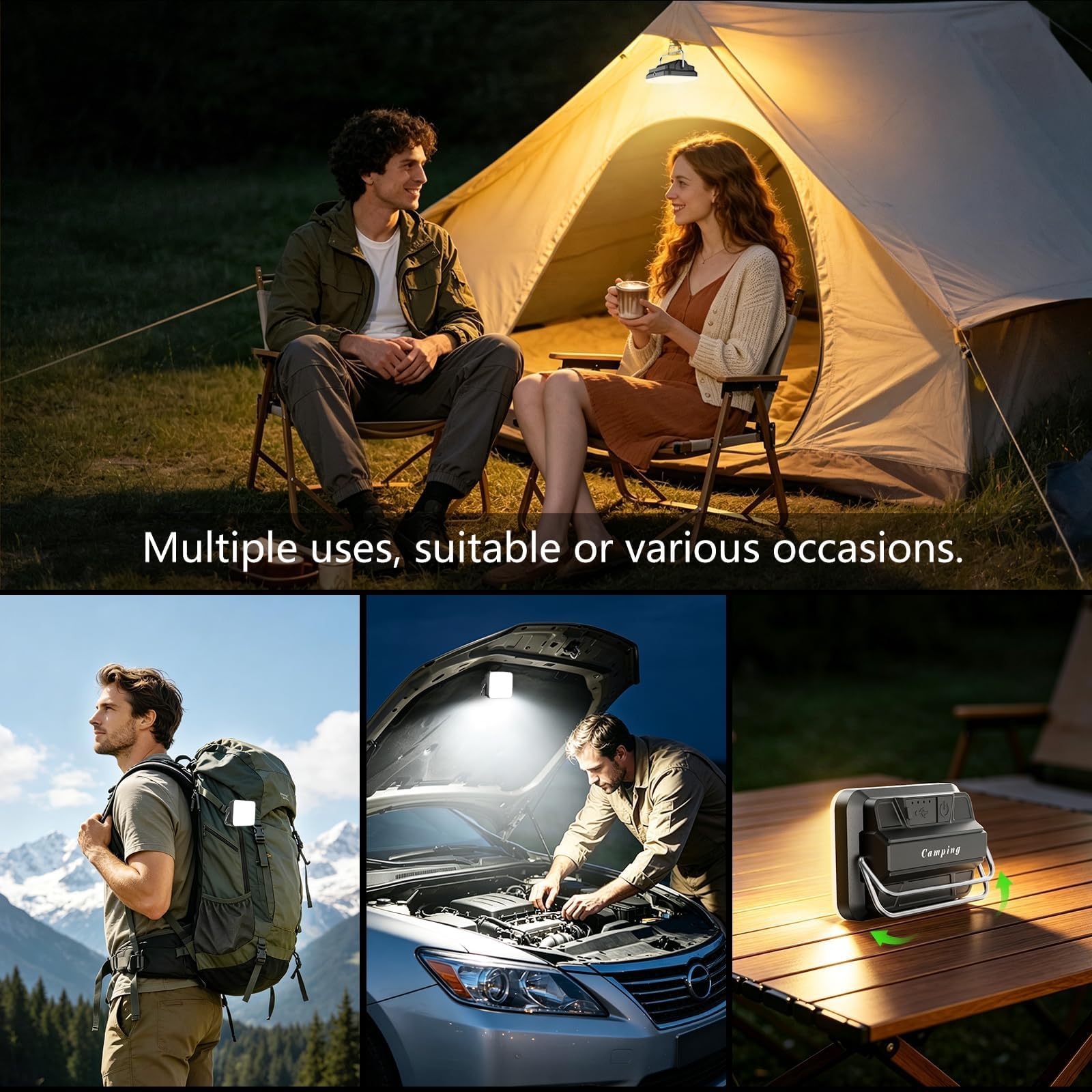 Lanterna da campeggio ricaricabile, 2000 lumen, lanterna LED ultra luminosa con 4 modalità di illuminazione, lanterna portatile da esterno con base magnetica e staffa in metallo per tenda, emergenza