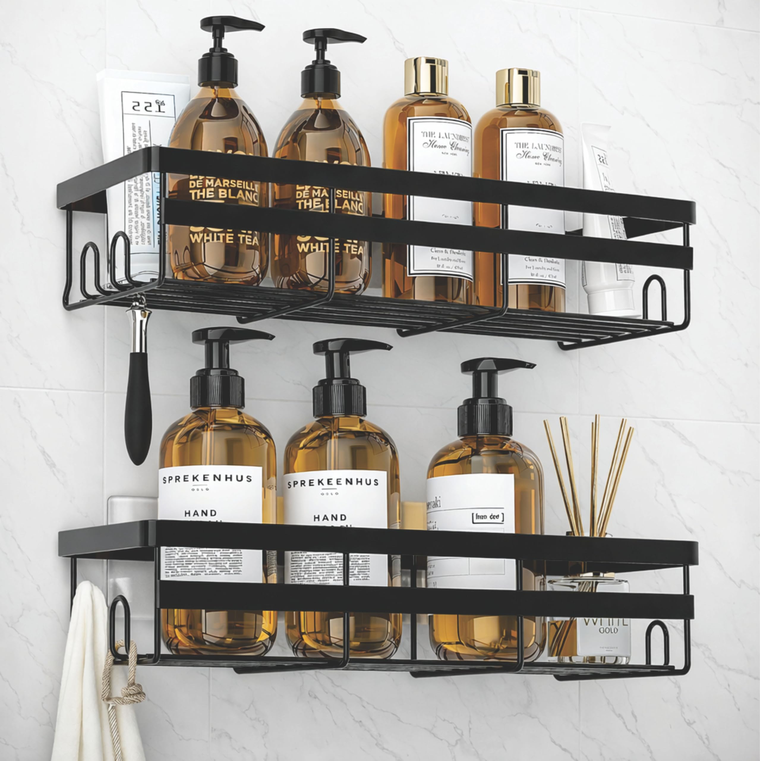 JIALTO 2 Pieces Aluminium Heavy Duty Self Adhesive Bathroom Accessories Set Bathroom Kitchen Shelf Rack, Multipurpose Wall Mounted Washroom Organizer (Black)-image-46