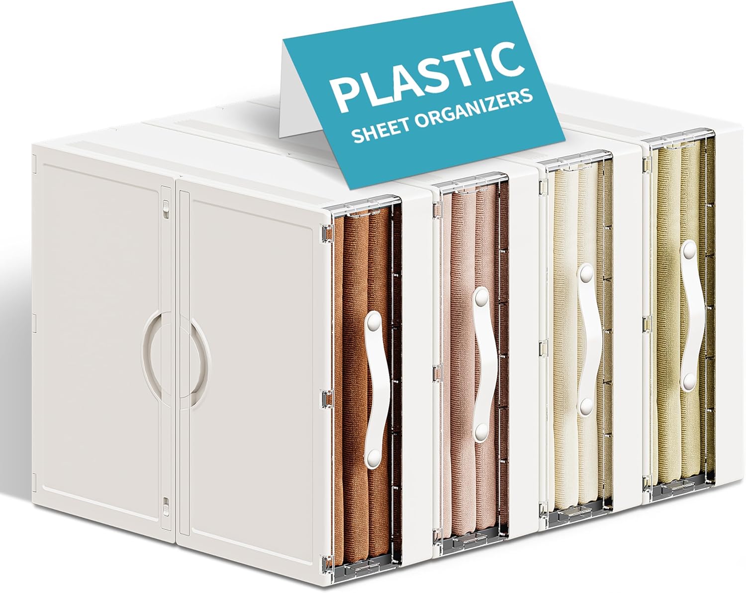 Plastic Bed Sheet Organizers and Storage 4 Pack Sheet Set Storage Organizer, Foldable Linen Closet Organizer with Window, Lockable Storage Bins for for Bedding Sheets, Duvet Covers, Blankets 4Packs White-Clear
