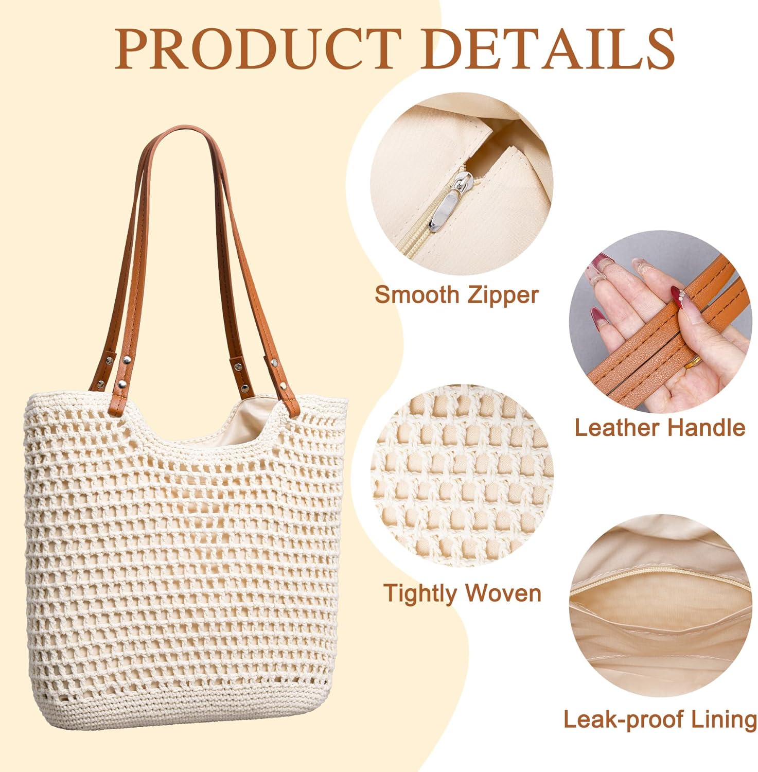 Crochet Beach Bags for Women, Woven Beach Tote Bag with Zipper & Leak-Proof Lining, Lightweight Boho Shoulder Bags with Leather Handle, Large Capacity Handbags for Summer Vacation Travel
