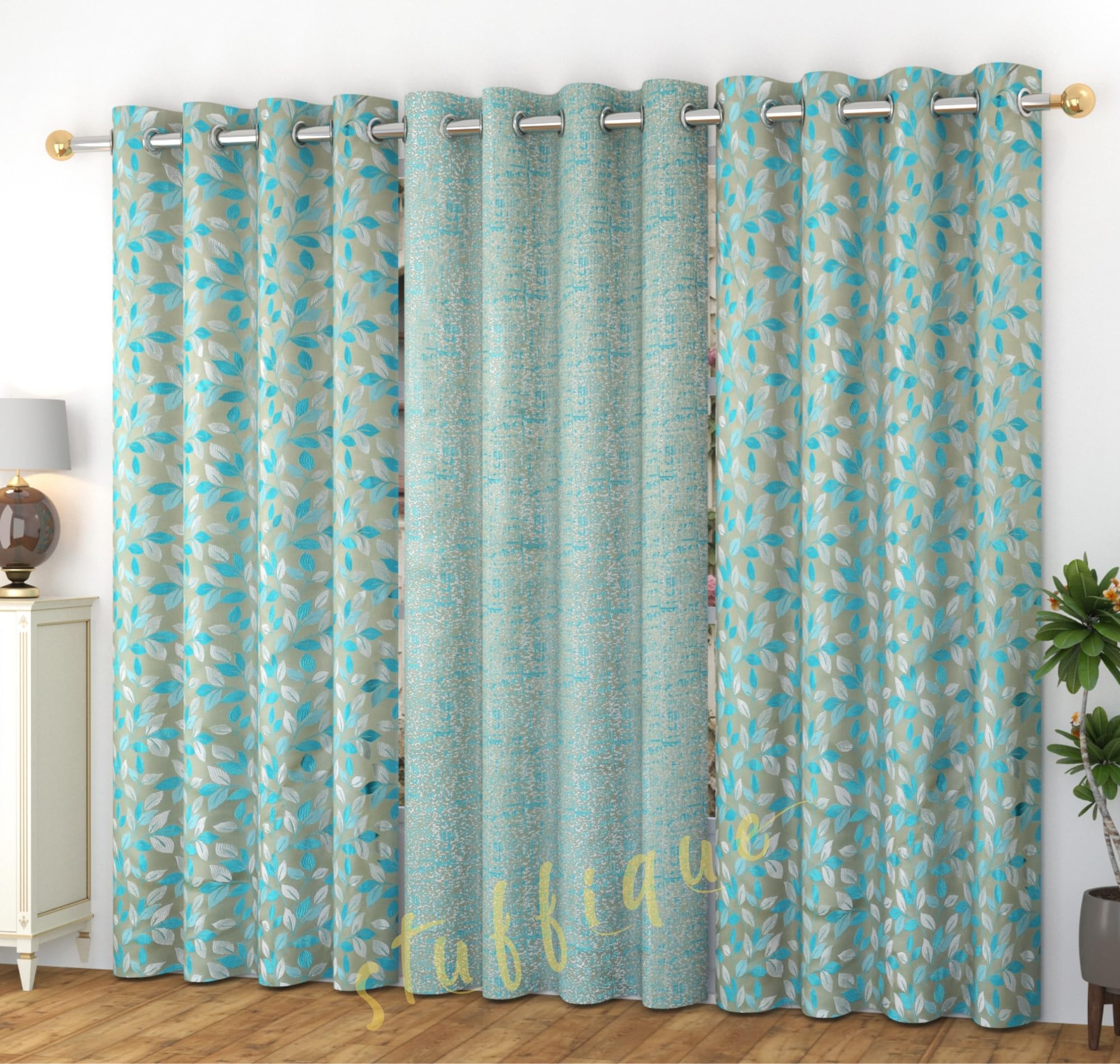 Stuffique Jacquard Eyelet 2 Leaves and 1 Texture Curtains 8 feet Long Set of 3, (Aqua) Thick Fabric-image-0
