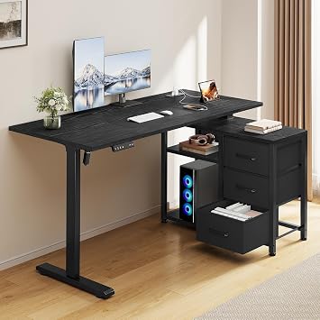 47 Inch L Shaped Desk with 3 Drawers Electric Standing Desks with Storage Computer Table Adjustable Height with Power Outlets 4 Memory Presets for Home Office, Black