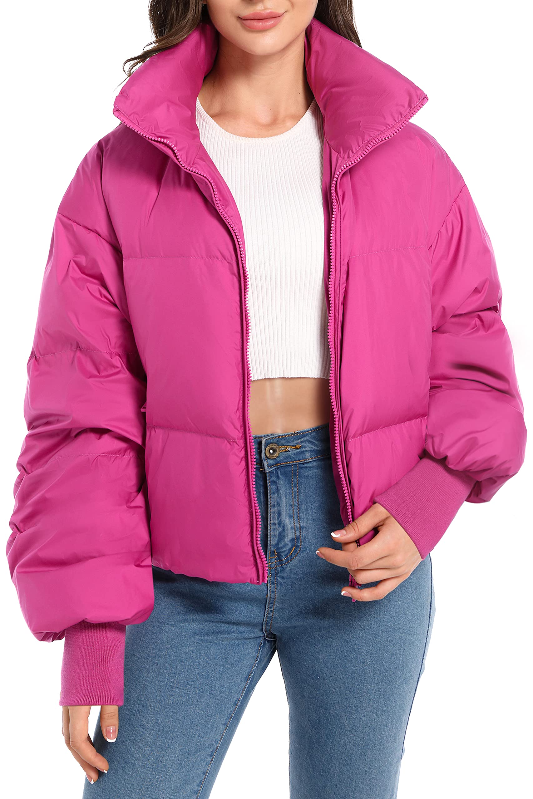 Orolaywomens Winter Oversized Cropped Puffer Jacket Zip Up Short