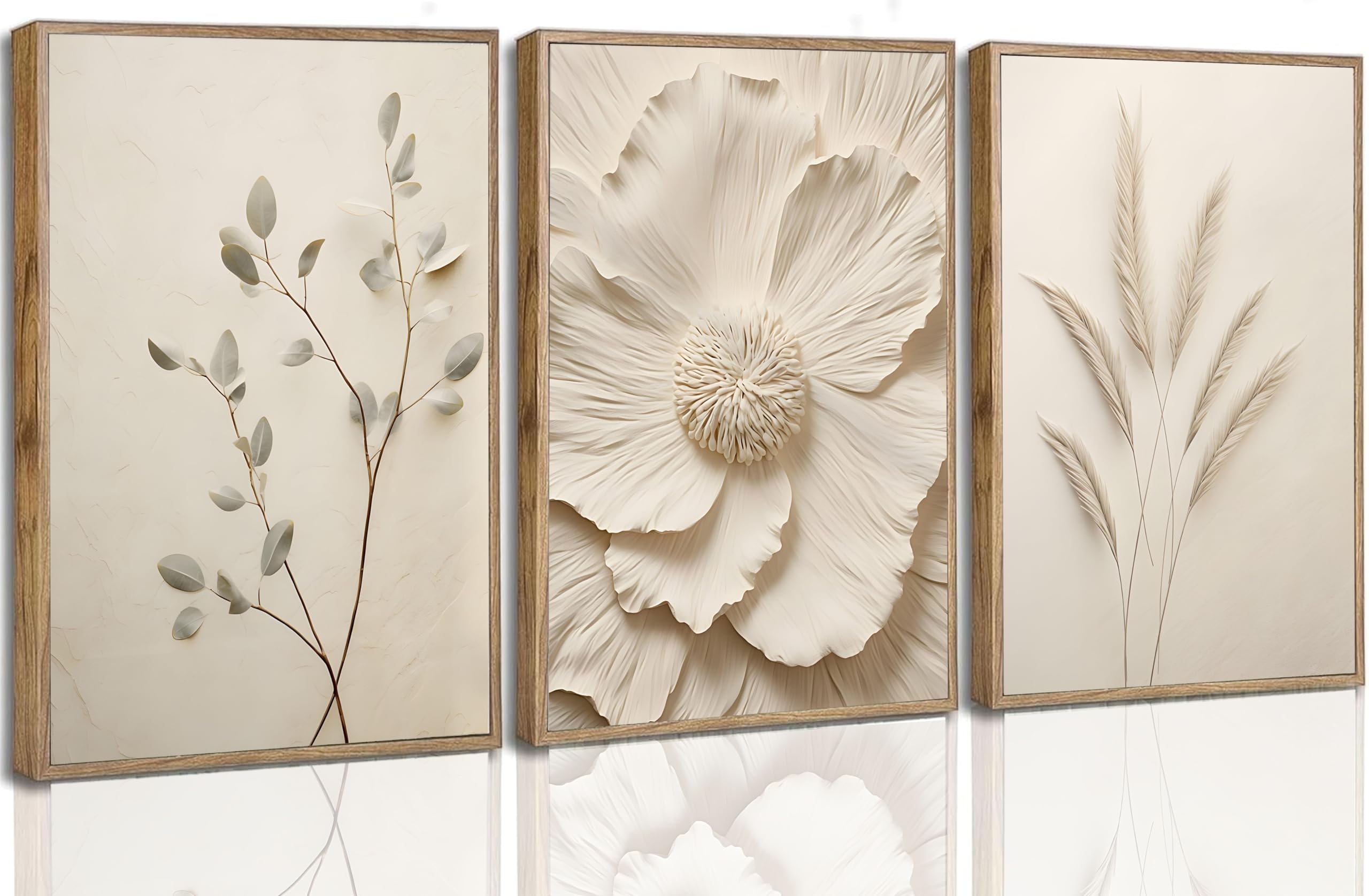 Impresión 3D enmarcada, 3 piezas, lienzo floral beige neutro, arte de pared con textura de flores botánicas, decoración de pared, póster de flores vintage para sala de estar, dormitorio, decoración de