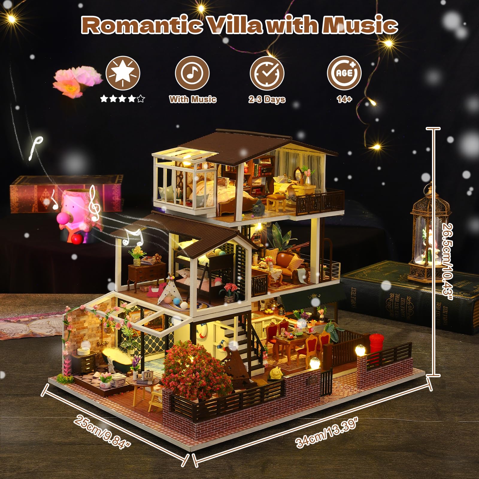DIY Miniatur Haus, Mini 3D Holzpuzzle Puppenhaus Modell Set mit LED Spieluhr, Romantische Villa Tiny Haus Bücherregal Deko Bastelset, Geburtstag Geschenk für Erwachsene Frauen Männer