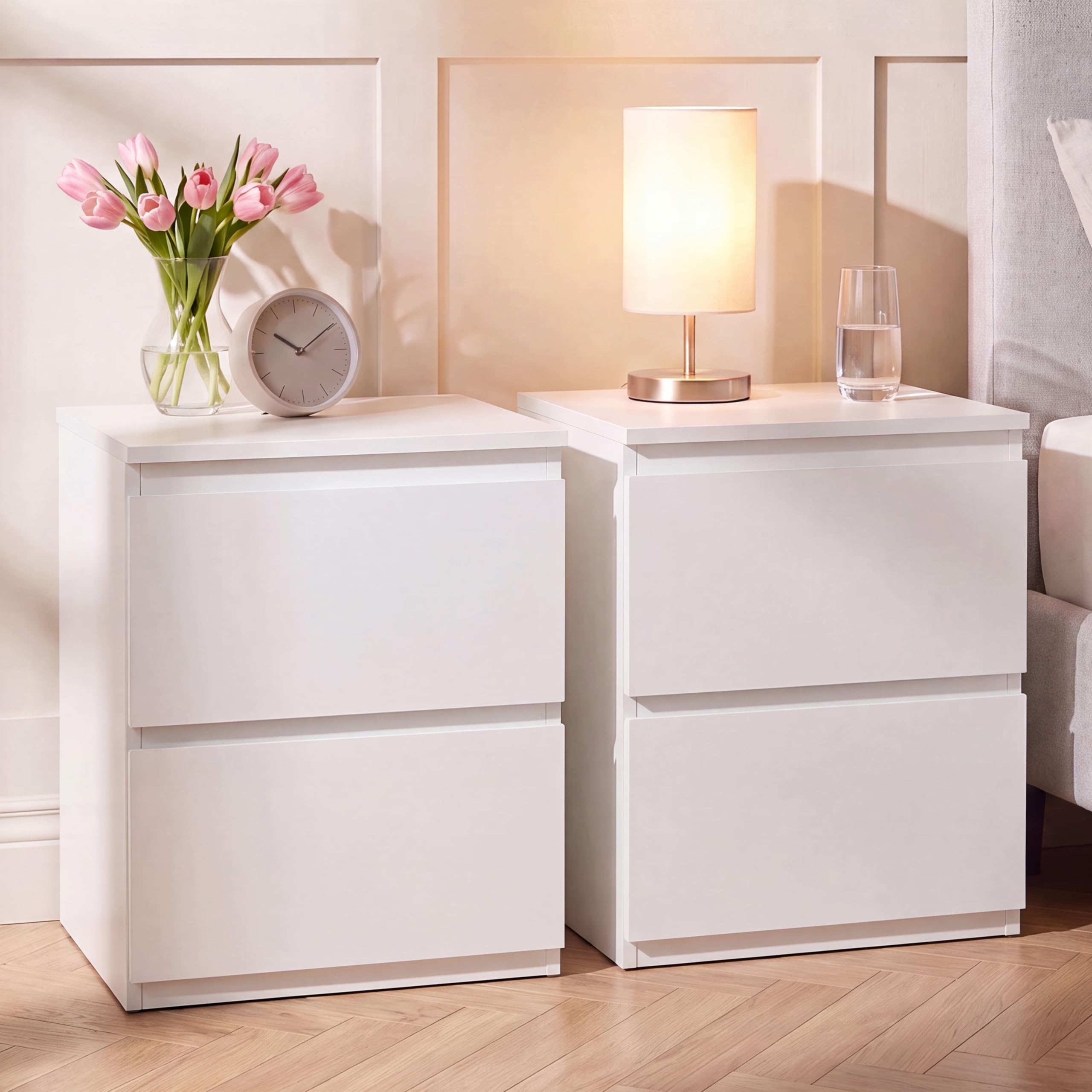 Vida Designs Denver Large 2 Drawer Bedside Chest set of 2 | White | Space-Saving Storage | 52H x 39.5W x 39.5D cm | Large Side Table | Minimal | Smooth Metal Runner | Modern Bedroom Nightstand Unit
