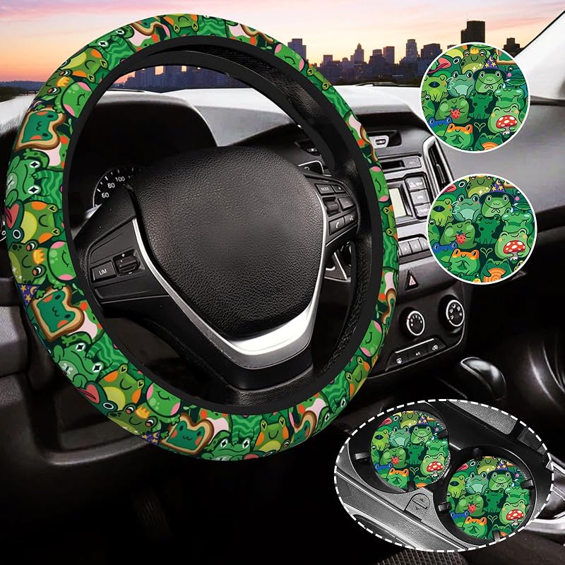 Capa para Volante Automotivo Gwwens Verde green frog2 com 2 Porta-Copos, 36,8 cm