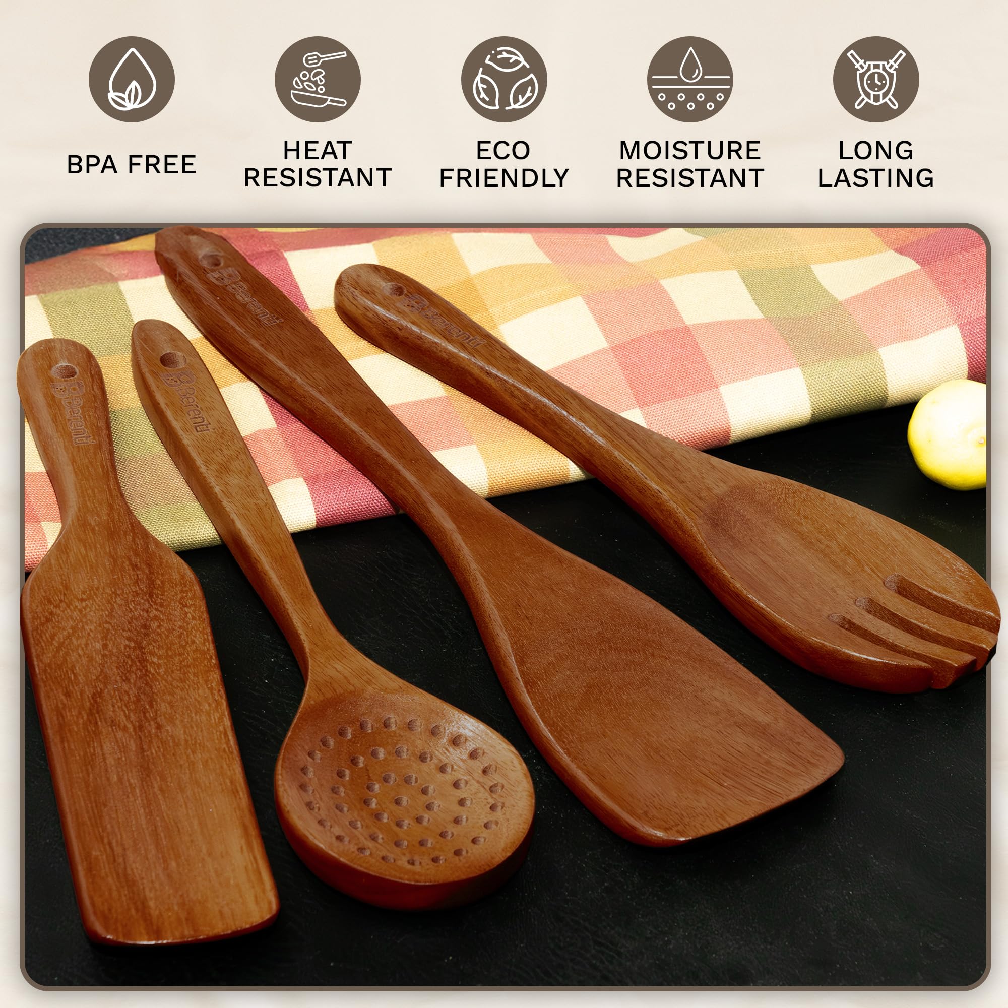Juego de utensilios de cocina de madera: 10 cucharas de madera diferentes, espátulas de madera y espuelas de madera para cocinar en utensilios de cocina antiadherentes