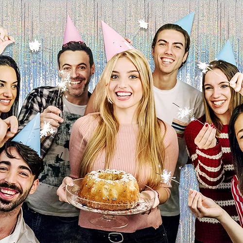 Miniatura 7 de Paquete de 3 cortinas de flecos de papel de aluminio plateado, 3.28 pies x 8.2 pies, cortinas metálicas de oropel con flecos para cabina de fotos,