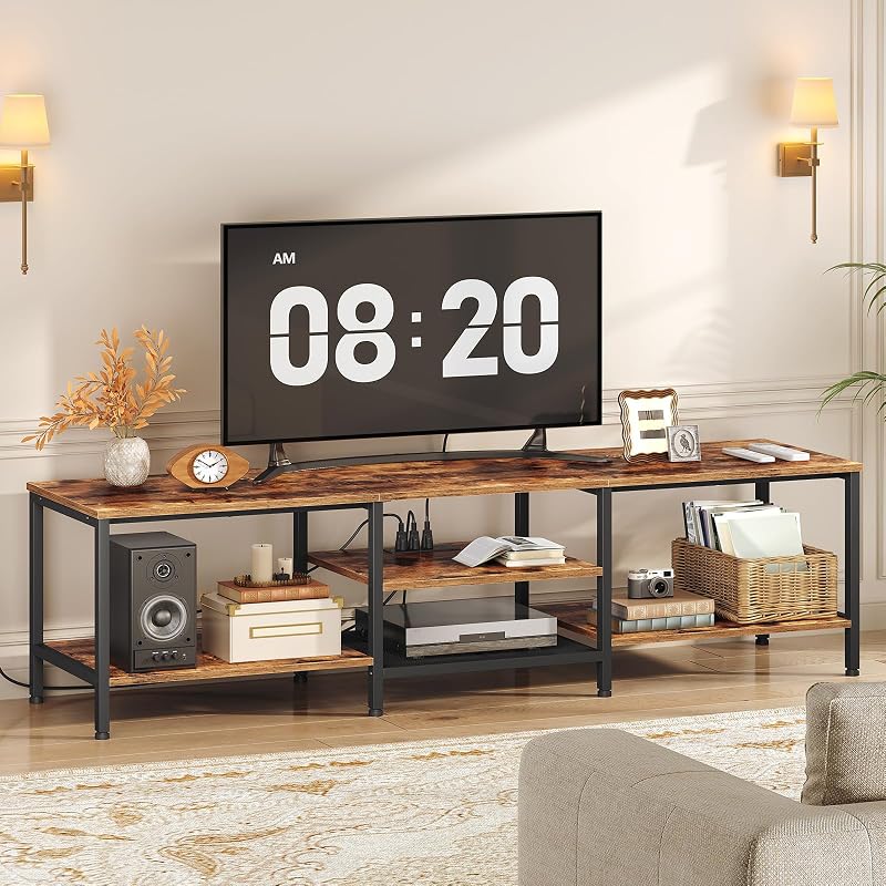 HOOBRO TV Stand with Power Outlets to 85 Inches, TV Console Table with Open Storage Shelves, Industrial Media Entertainment Center for Living Room Bedroom, Rustic Brown and Black BF200UDS01 image 2