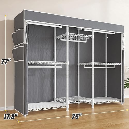 Miniatura 7 de Raybee Perchero con funda, percheros para colgar ropa resistente, armario portátil con estantes, ajustable, carga 905 libras, blanco, 75 pulgadas de