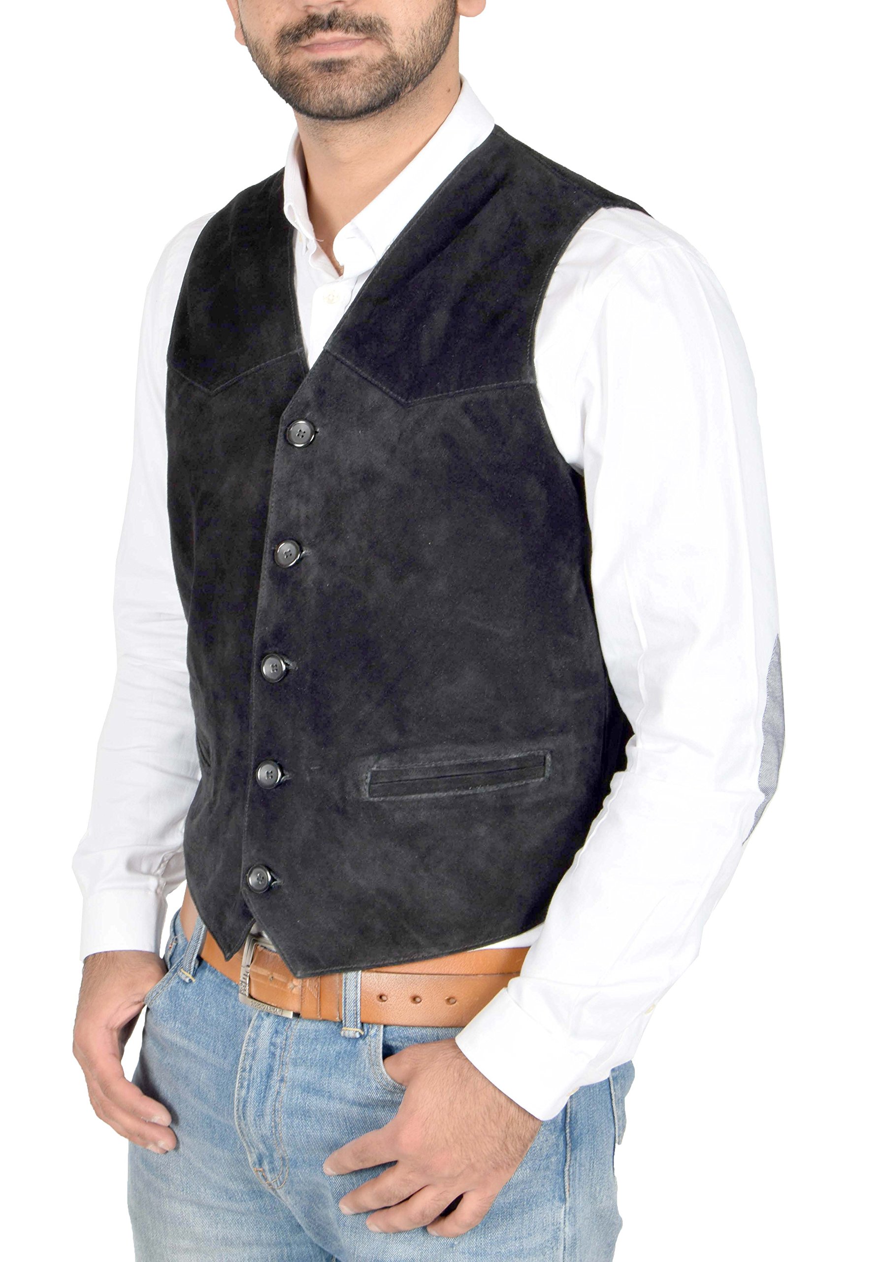 House Of Leather Mens Real Suede Waistcoat Classic Style Vest Don (S, Black)