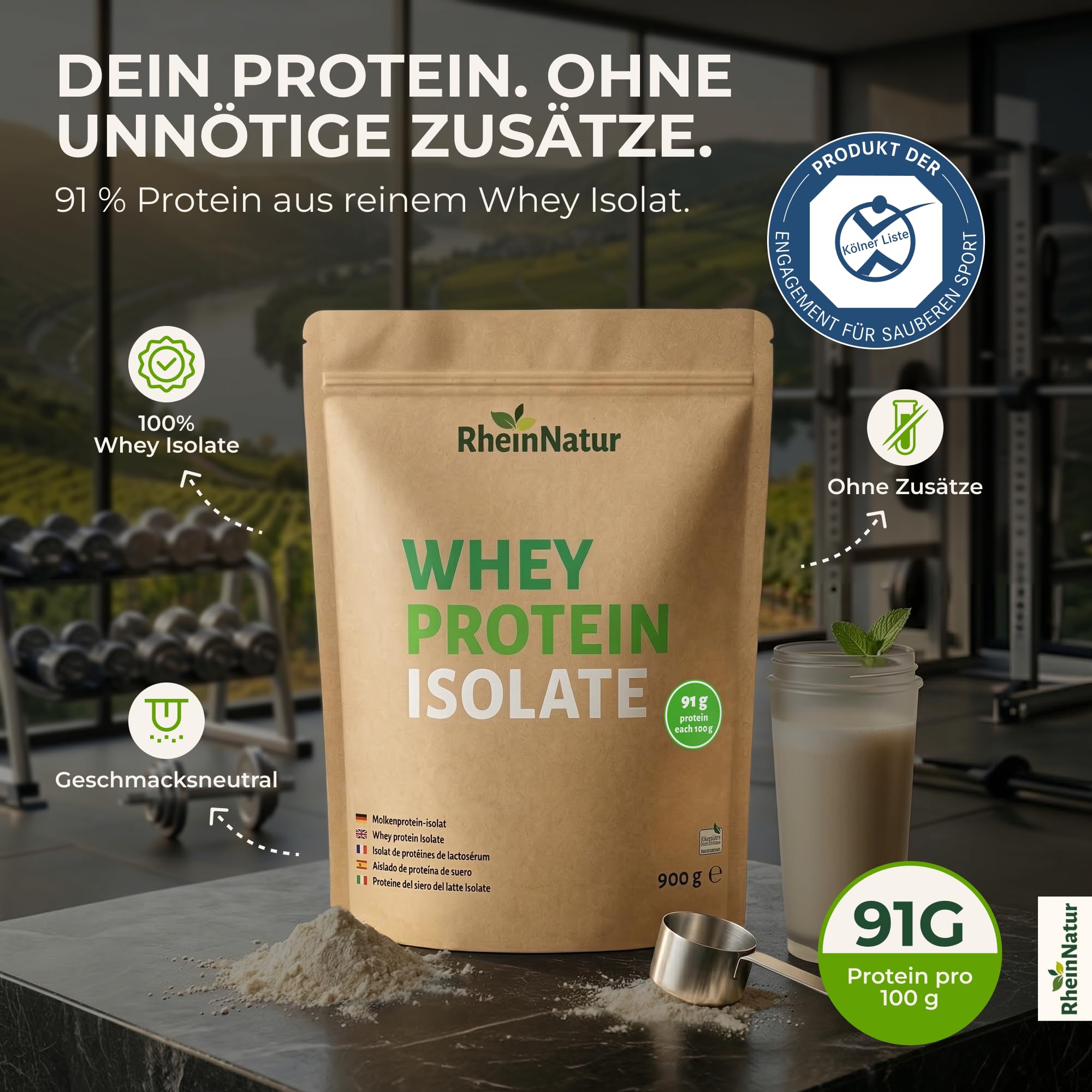 RheinNatur Whey Protein Isolate 900 g - Molkenprotein-Isolat, 91% Eiweißanteil, ohne Zuckerzusatz