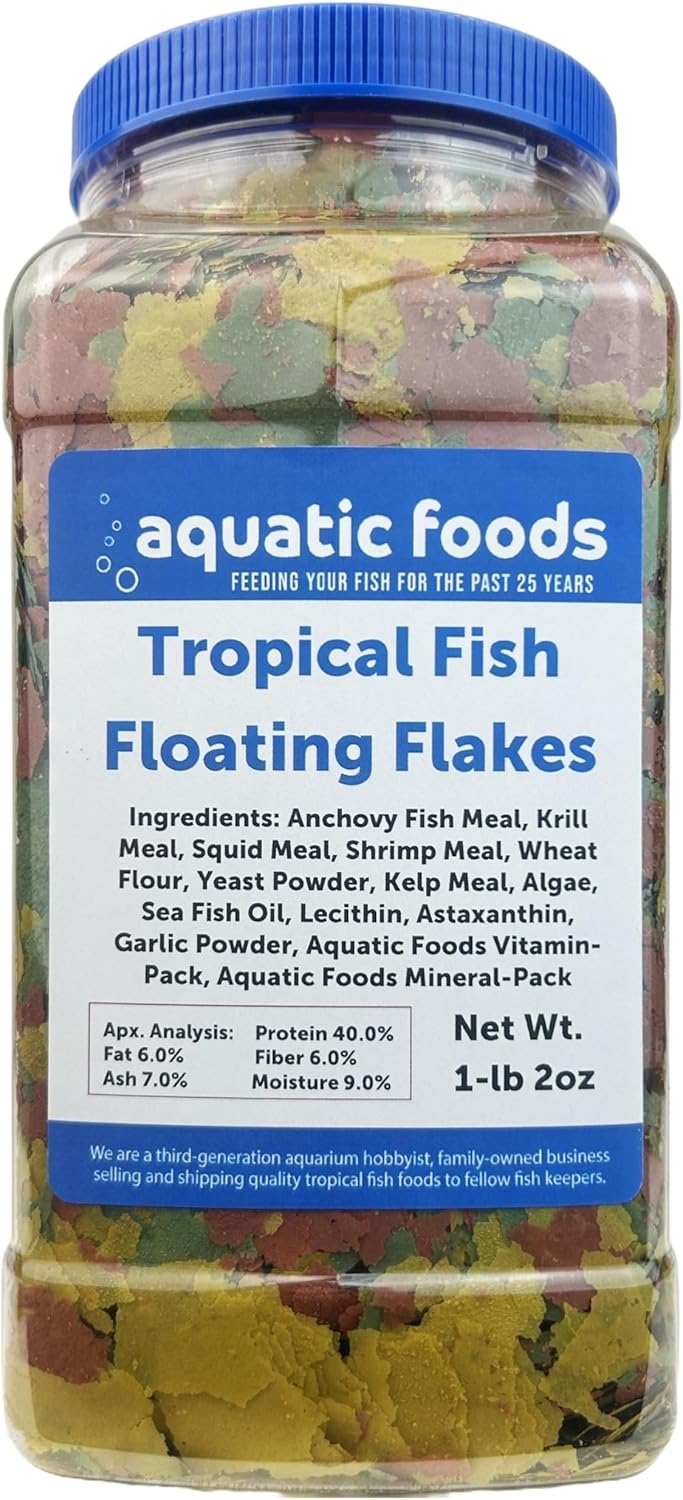 Aquatic Foods Inc. Premium Tropical Fish Flakes, for All Community Tropical Fish, Cichlids and Pond Fish. AFI Tropical Flakes…1-lb 2oz Lg Jar