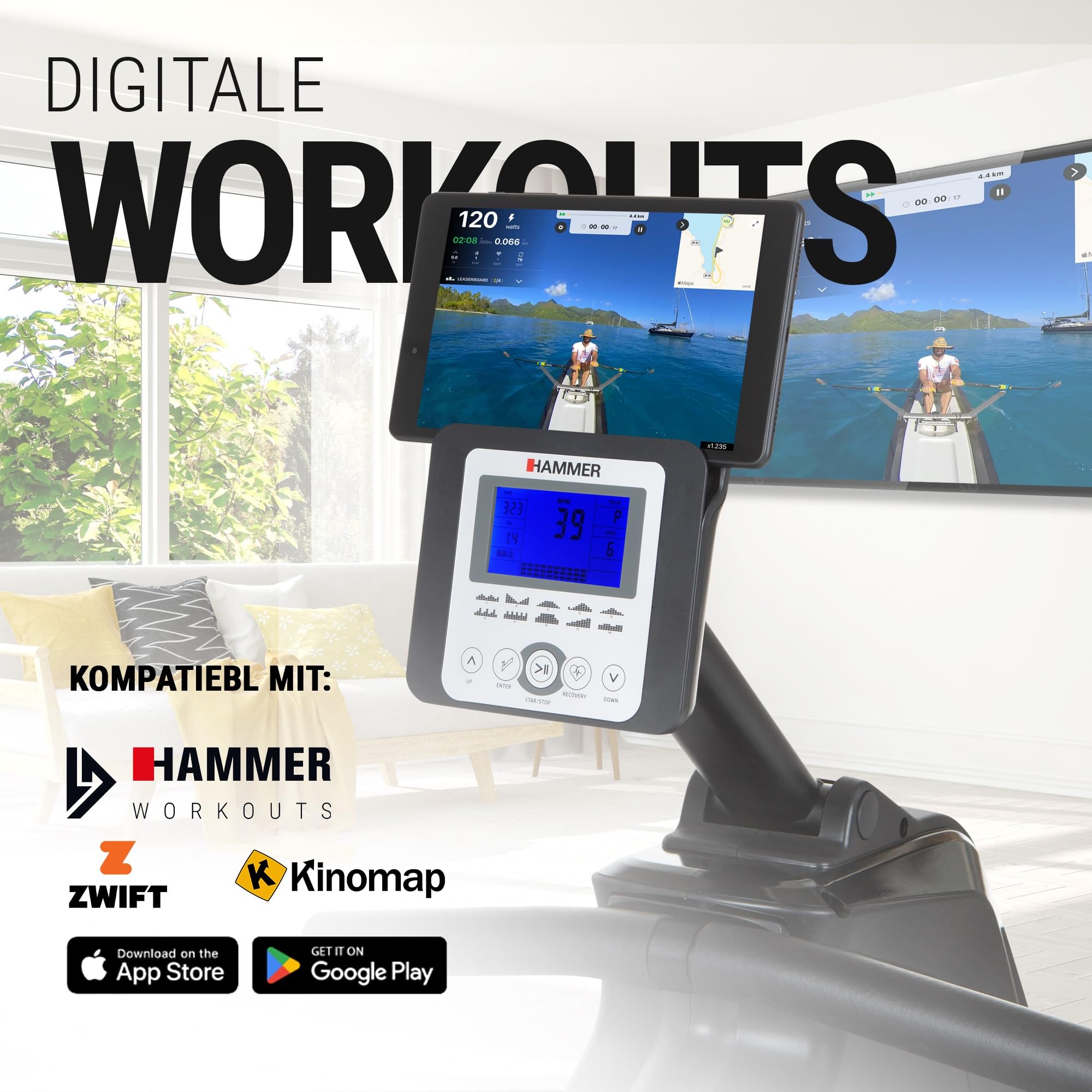 HAMMER Rudergerät Cobra XTR Plus II – Klappbare Rudermaschine mit innovativem Trainingscomputer, Rudergerät für zuhause bis 130kg, 20 Trainingsprogramme mit 4 Herzfrequenz-Programme