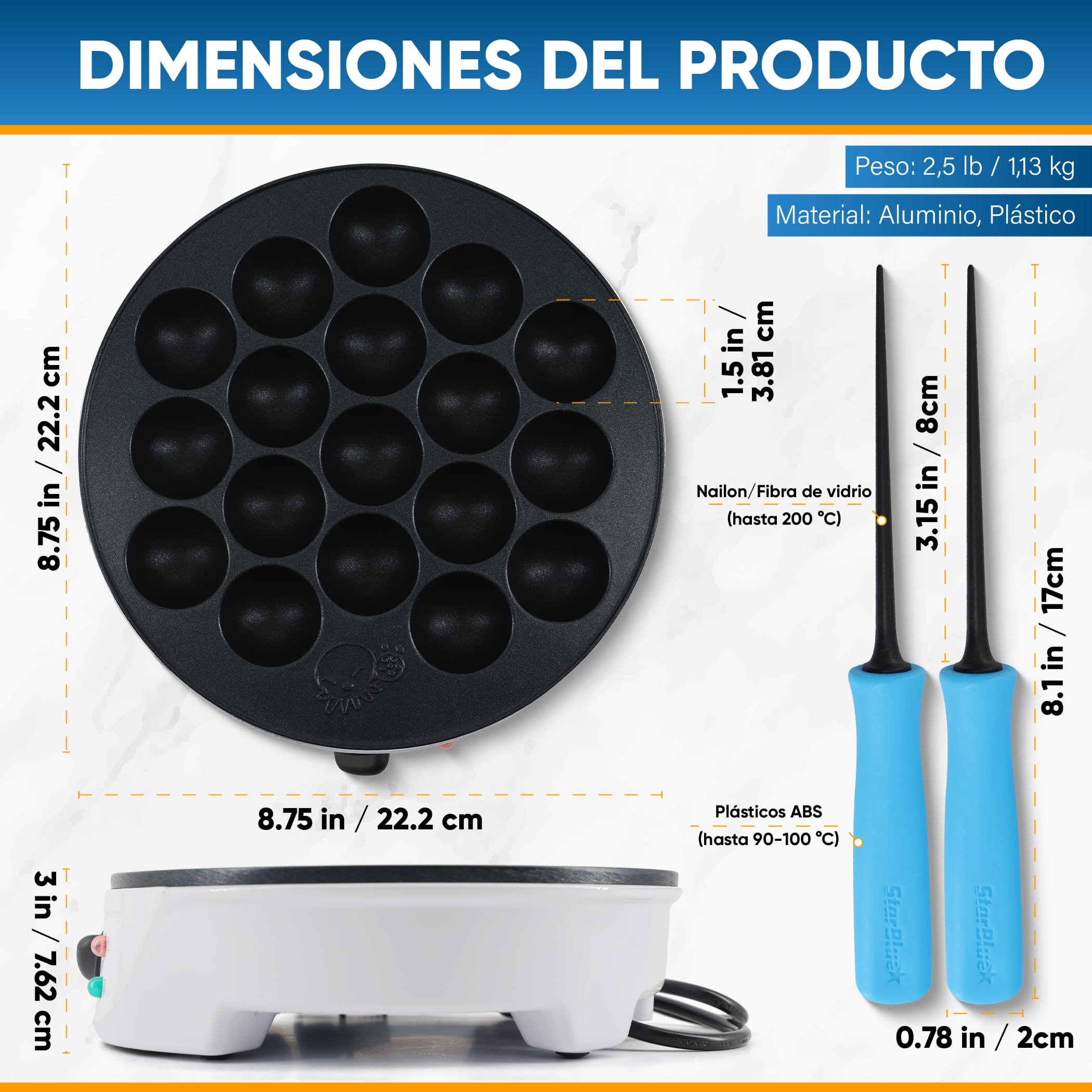 StarBlue Takoyaki Maker Machine Machine with Free Takoyaki Picks - Control de temperatura de 18 agujeros, 220 V, 60 Hz, 700 W, Enchufe del Reino Unido Y Adaptador Europeo