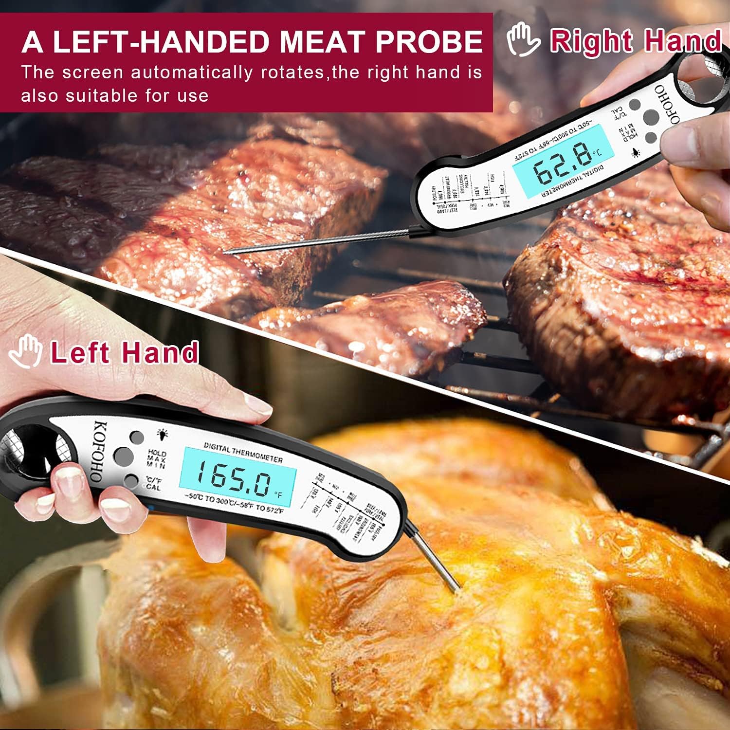 Review Digital Meat Thermometer Left Hand KOFOHO Waterproof Kitchen