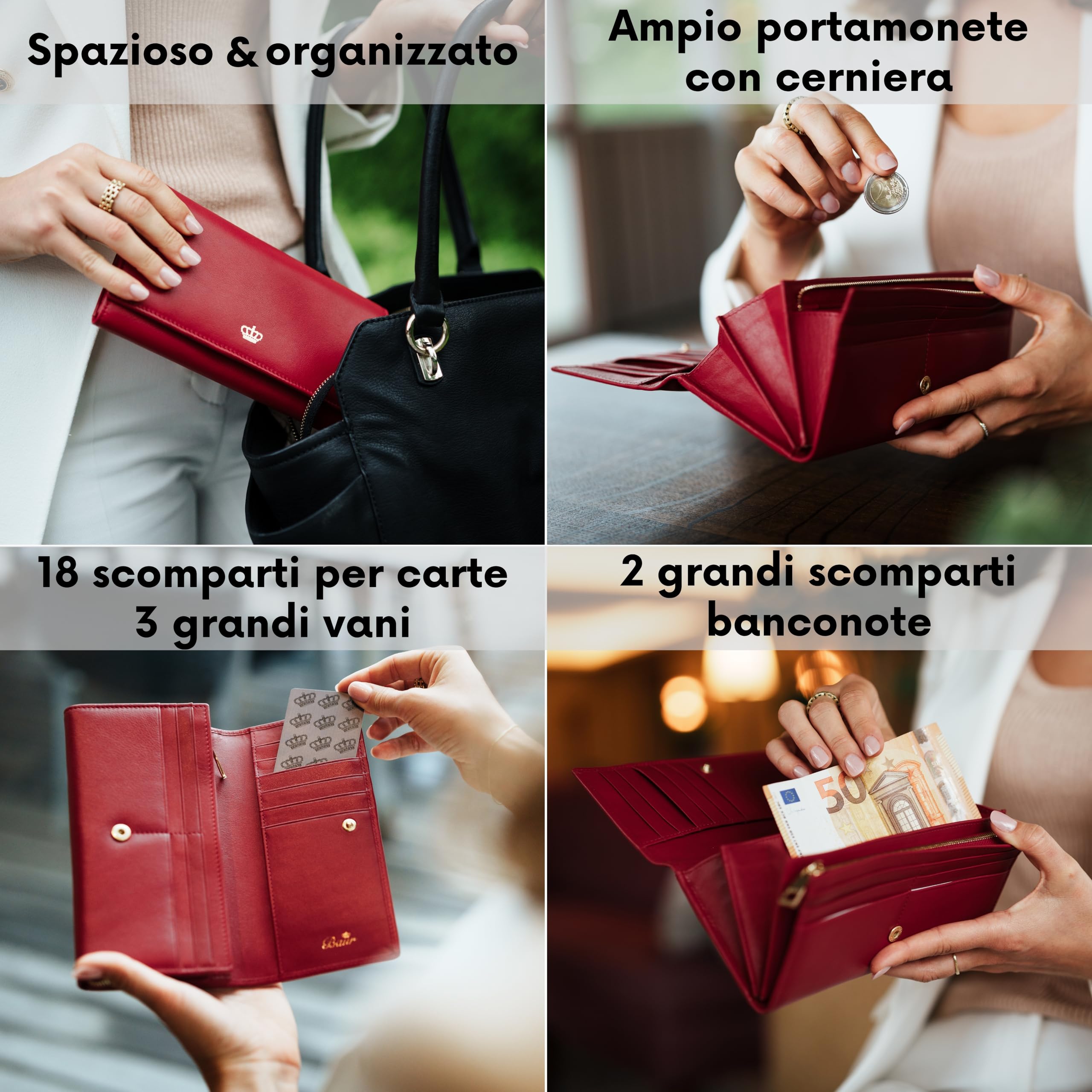 Baur portafoglio da donna – vera pelle nappa con protezione RFID – portafoglio grande con 18 scomparti carte e scomparto monete con cerniera metallica – tutto in pelle (Design oro, Rosso)
