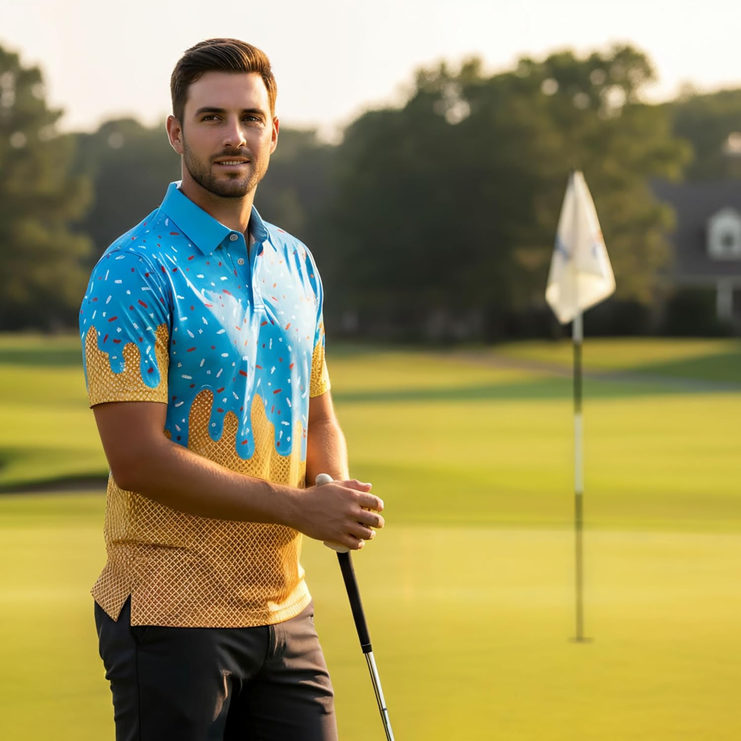 Men's Funny Ice Cream Golf Polo Shirt – Light Moisture Wicking Performance Casual Short Sleeve Relaxed Fit Quick Dry