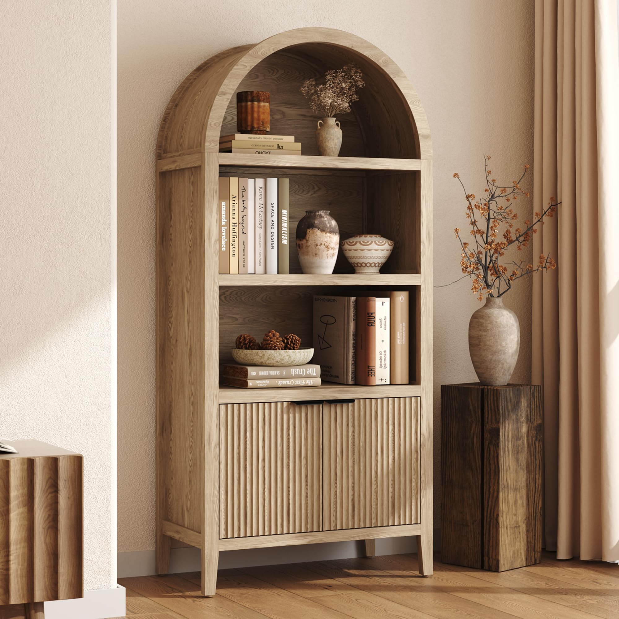 Yusong Arched Display Bookcase, 180cm Tall Arch Cabinet with Fluted Doors and Shelves, 5-Tier Arched Bookshelf, Modern Farmhouse Kitchen Pantry for Living Room Bedroom, Natural