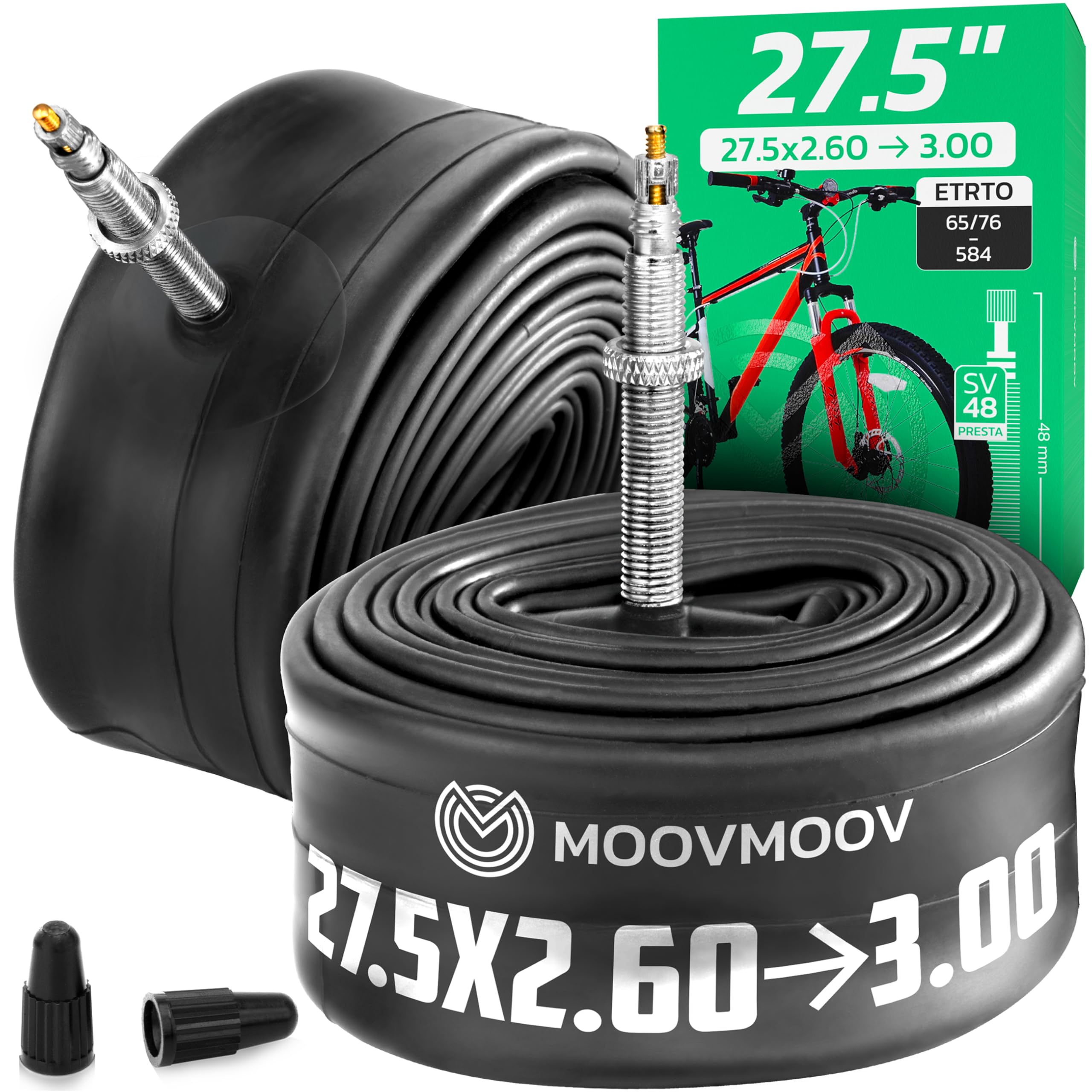 MoovMoov Dętka 27,5 cala - Do opon 27.5x2.60, 27.5x2.75, 27.5x2.80, 27.5x2.90 i 27.5x3.00 z ETRTO od 65-584 do 76-584 - Zestaw 2 szt. - Do roweru