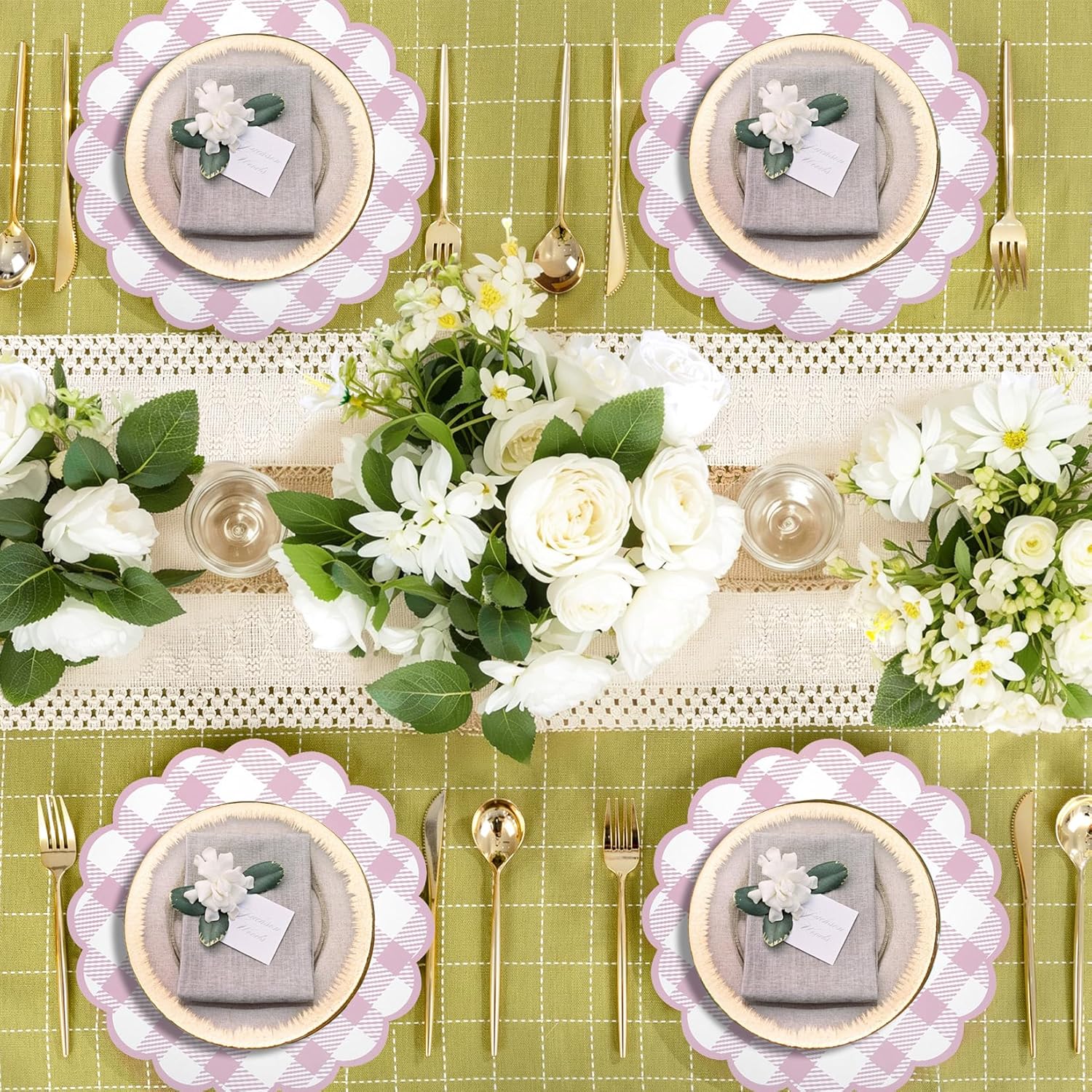100Pcs Pink Checkered Paper Placemats 13.5 Inch Scalloped Round Disposable Gingham Place Mats, Waterproof Decorative Table Mats for Baby Shower Outdoor Picnic BBQ Birthday Tea Party