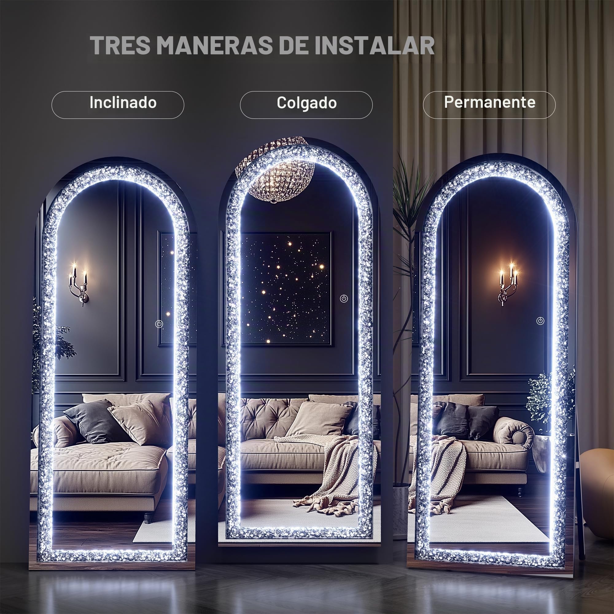 Hasipu - Espejo de cuerpo completo de 71"x24", diseño de arco LED con diamante triturado de cristal, espejo de diamante montado en la pared para sala de estar y dormitorio, con función de atenuación y