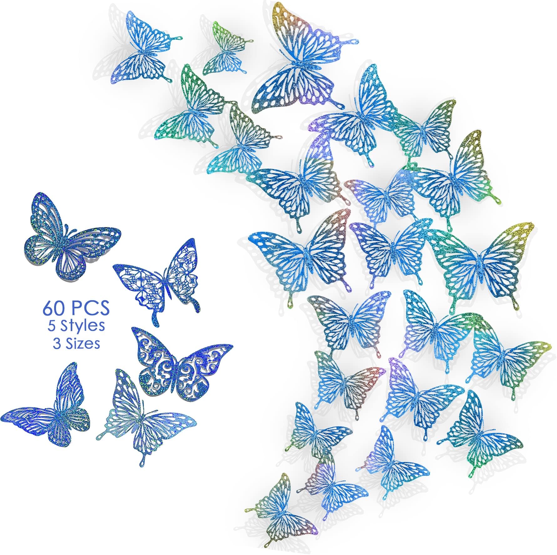 Formano 3D Butterfly Wall Decor, 60 Pcs 5 Styles 3 Sizes All-Round Upgraded Design Glittering Sparkling Rainbow Shinny Butterfly Decorations with Traceless Stickers -Blue
