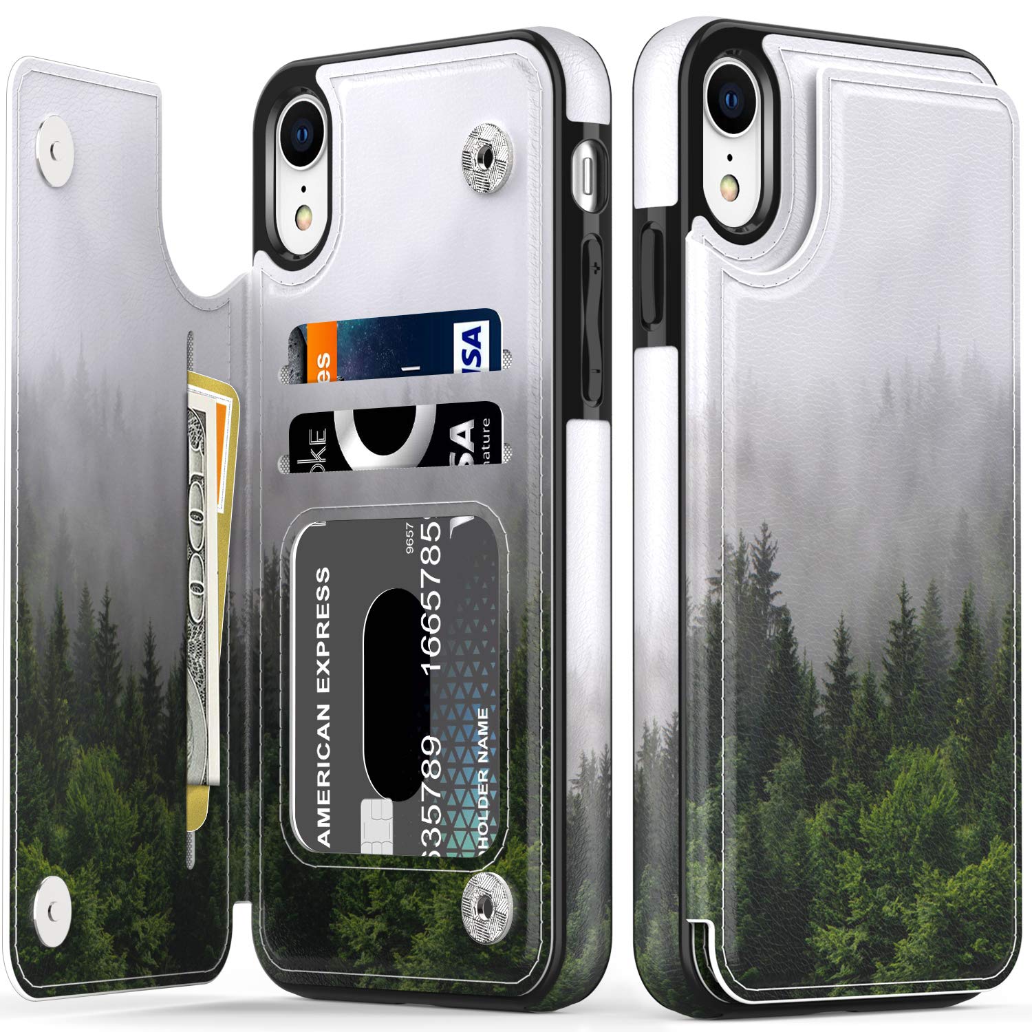 LETO for iPhone XR Case,Leather Wallet Case with Fashionable Designs for Girls Women,Flip Folio Cover with Card Slots Kickstand,Protective Phone Shell Fog and Trees