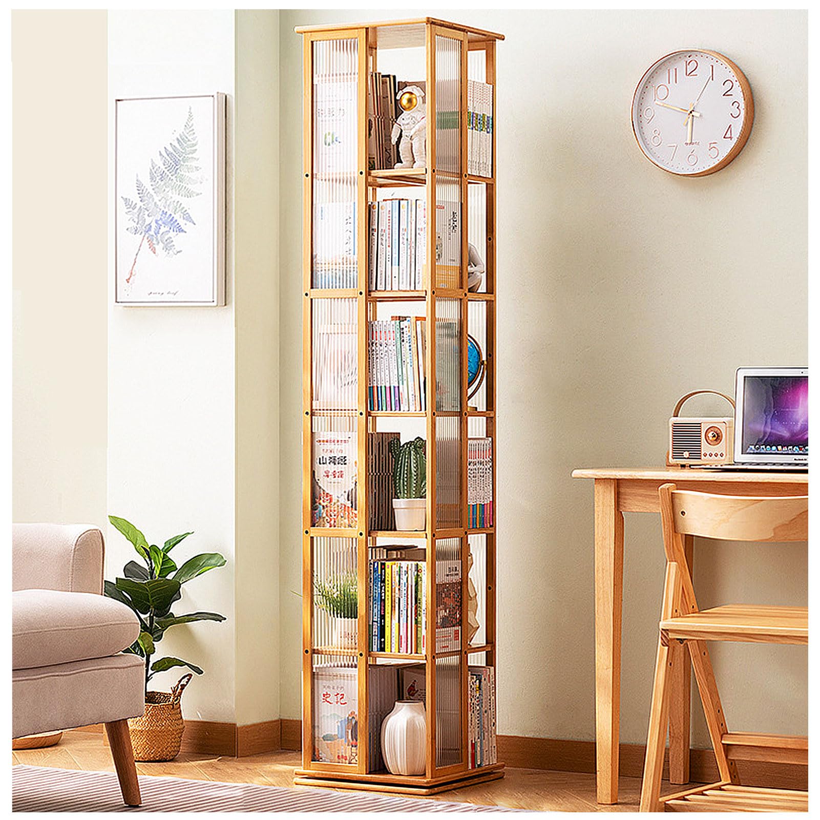 Amazon｜背の高い本棚モダンな 6 層竹本棚コーナー 360° 回転貯蔵の