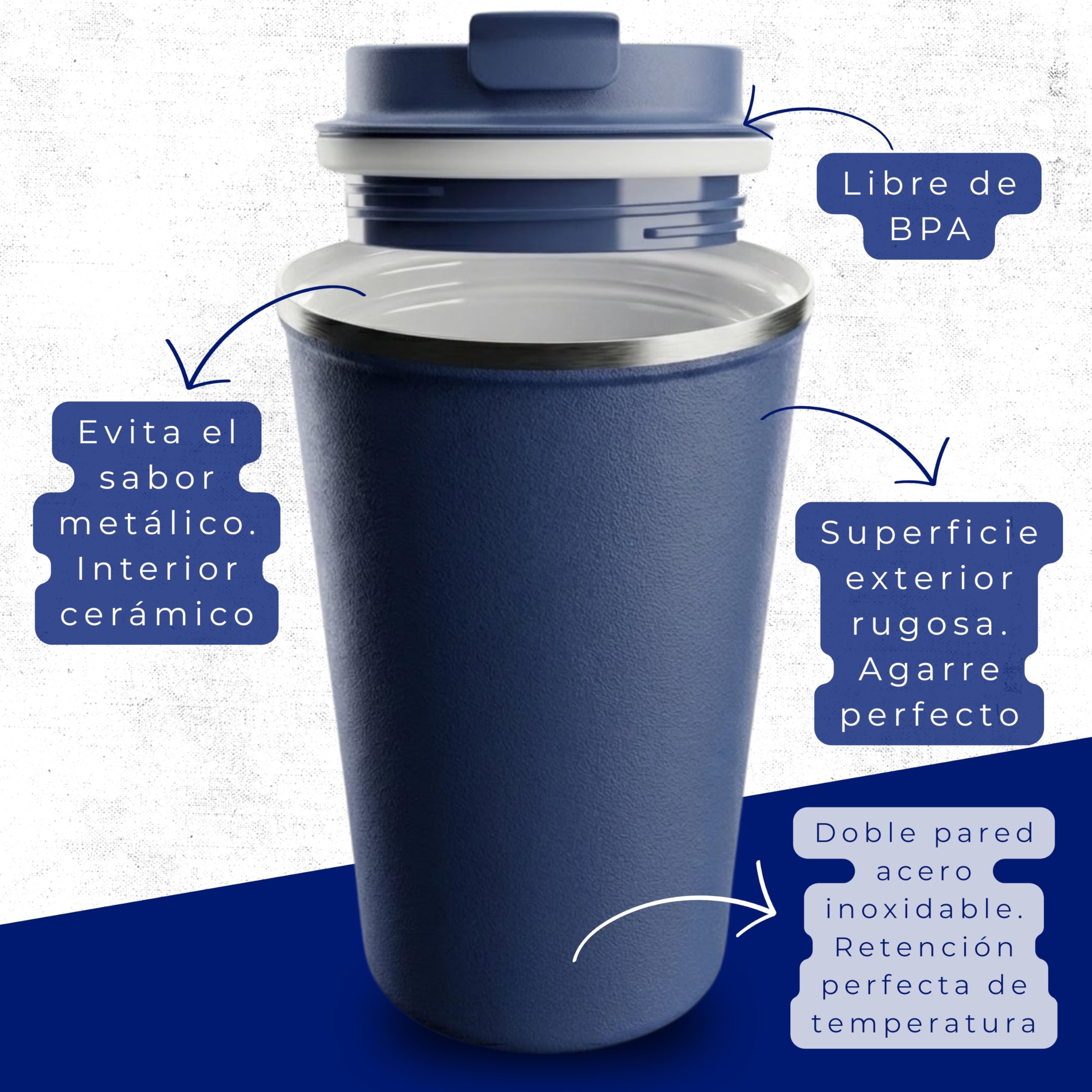 Quodelo Taza Termica Cafe para Llevar 350ml con Interior Cerámico - Vaso Termico Cafe Hermético de Acero Inoxidable, Taza Oficina Antivuelco y Termo Cafe Pequeño con Cepillo - Azul Marino