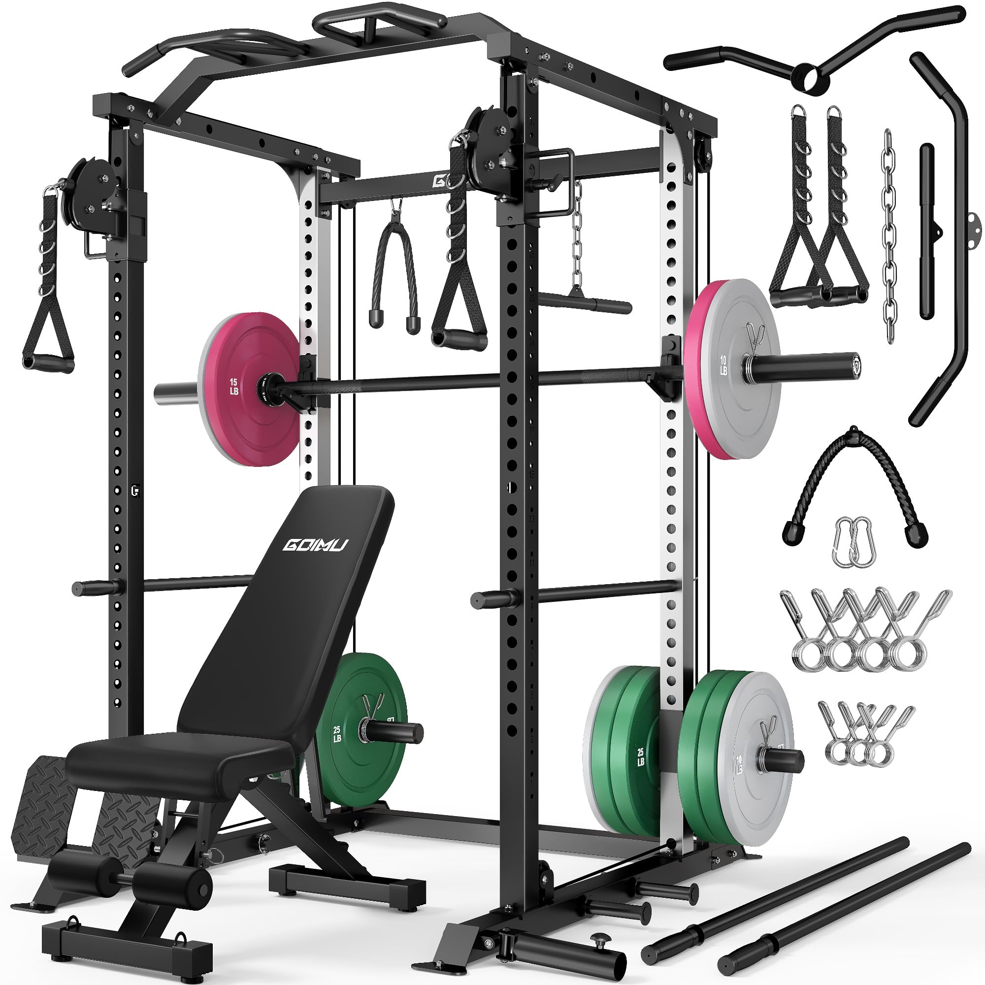 DP01 Power Cage, 2000LBS Squat Rack with Cable Crossover and Dual Independent Pulley System, Full Cage for Full Body Training, Power Rack with More Training Attachments for Home Gym