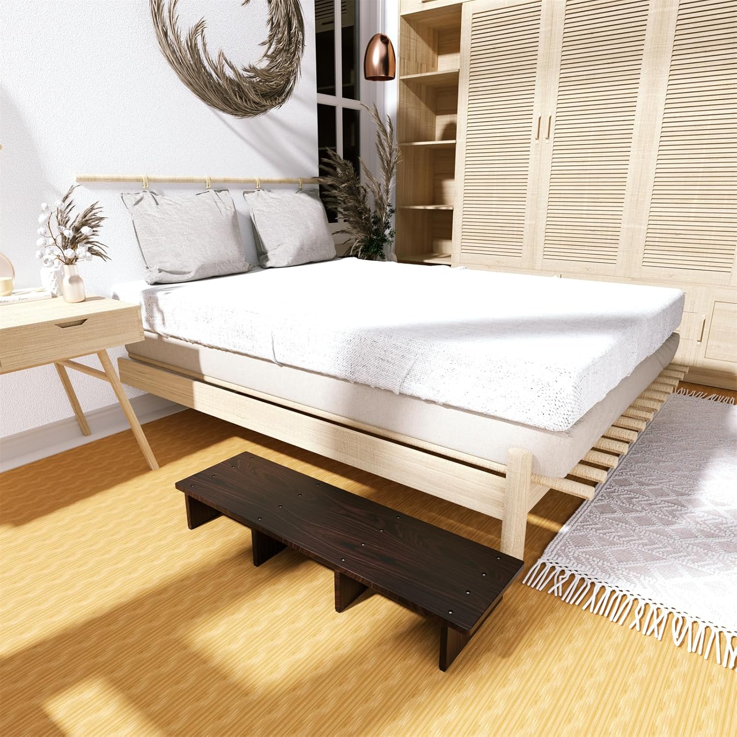 STRANTHOTHER Wooden Bedside Step Stool,Solid Wood Step