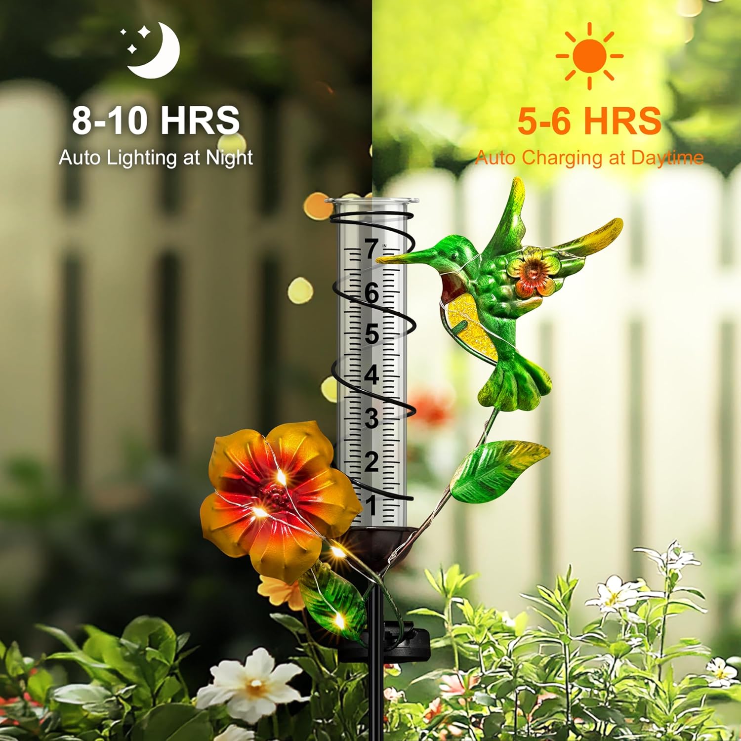 Rain Gauge Outdoor - Hummingbird Decorative Rain Gauges with LED Solar Lights, Freeze Proof Height Adjustable, Metal Water Gauge for for Yard Garden Decor